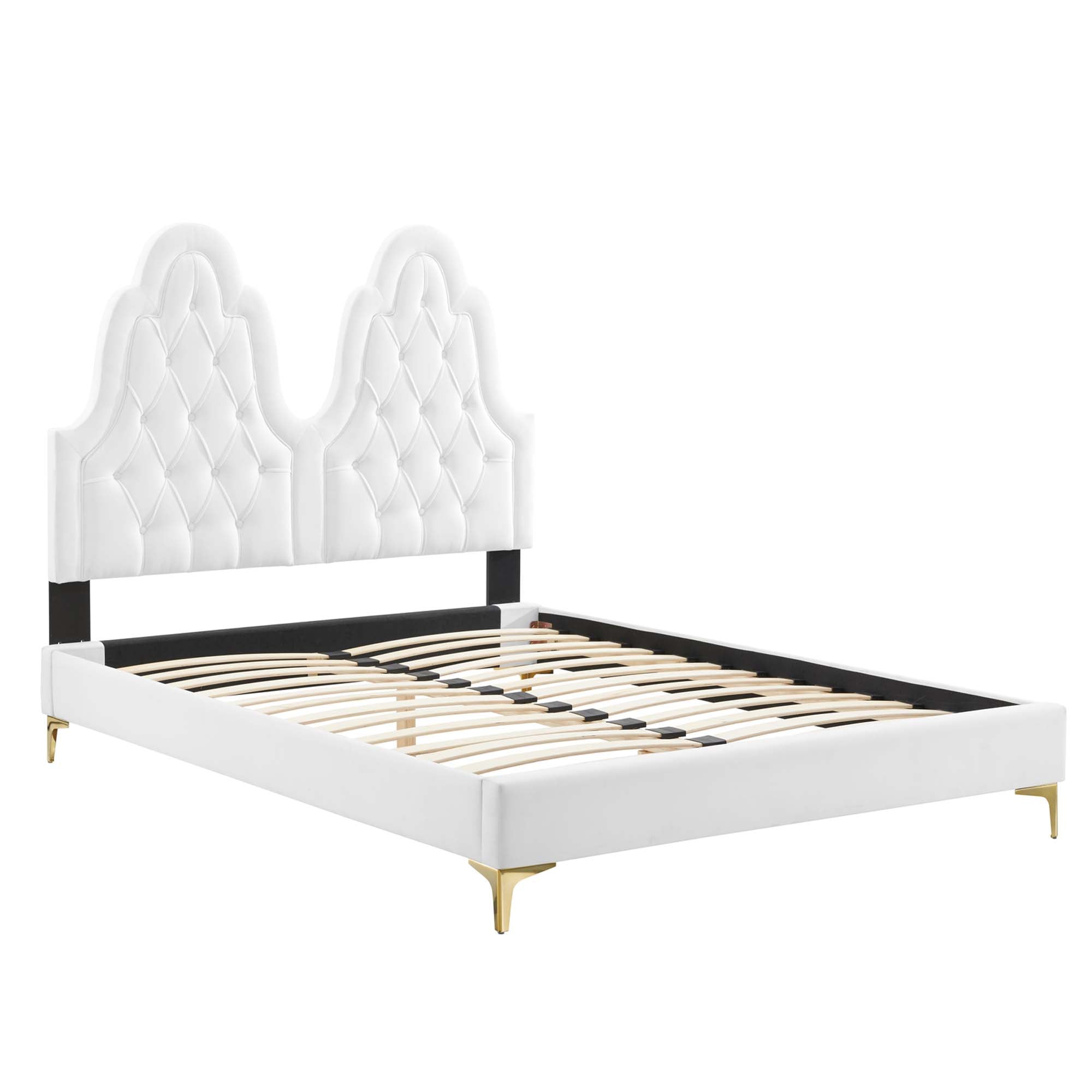 Maia Alexandria White Twin Velvet Bed Modern Platform Design with Tufted Headboard