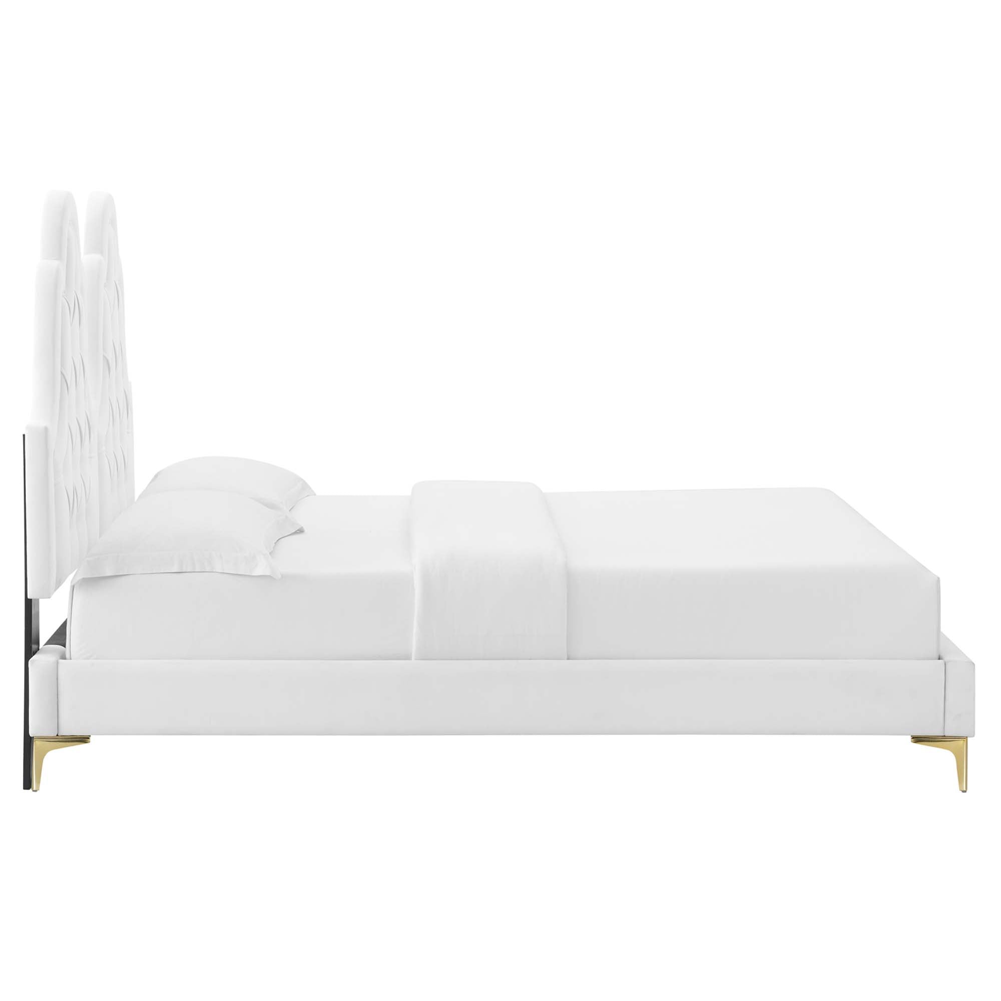 Maia Alexandria White Twin Velvet Bed Modern Platform Design with Tufted Headboard