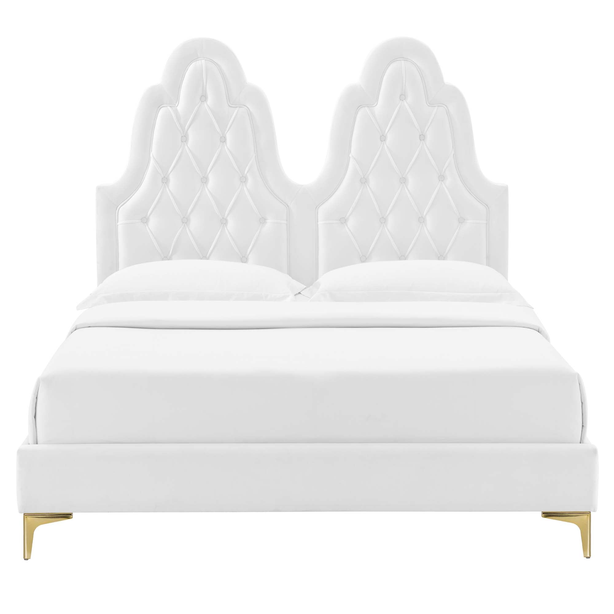 Maia Alexandria White Twin Velvet Bed Modern Platform Design with Tufted Headboard