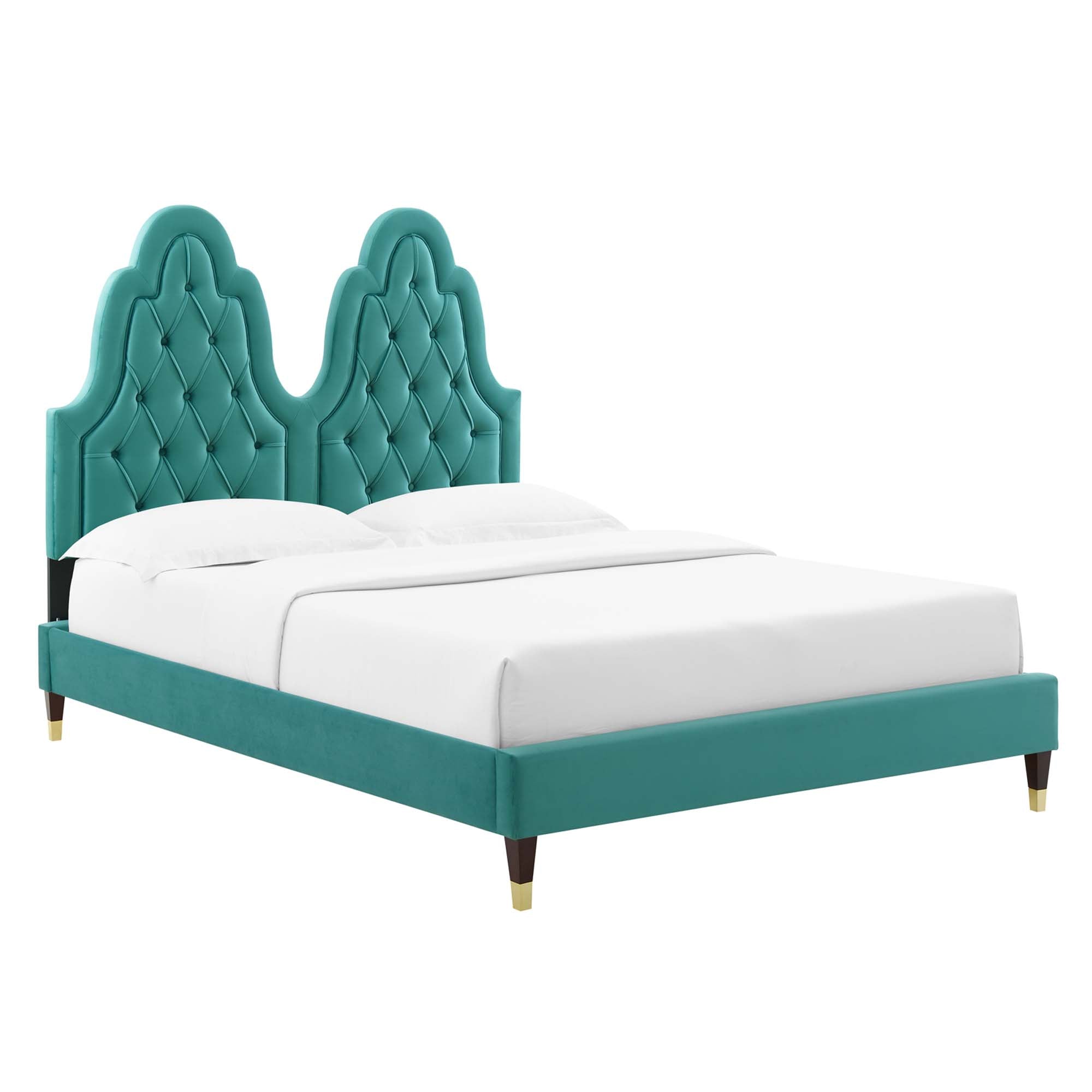 Maia Alexandria Teal Velvet Twin Platform Bed – Upholstered Tufted Headboard for Modern Bedrooms