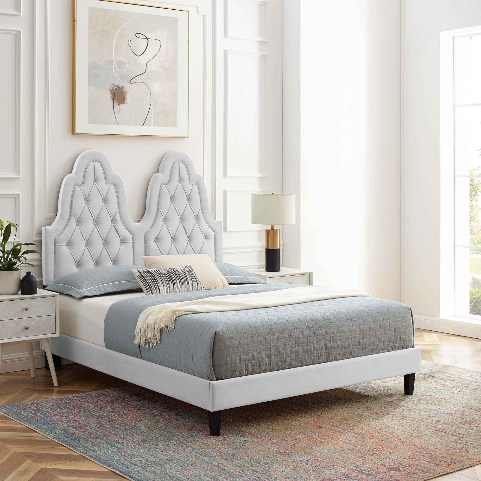 Maia Alexandria Collection Twin Bed in Light Gray Velvet – Tufted Design, Performance Upholstery