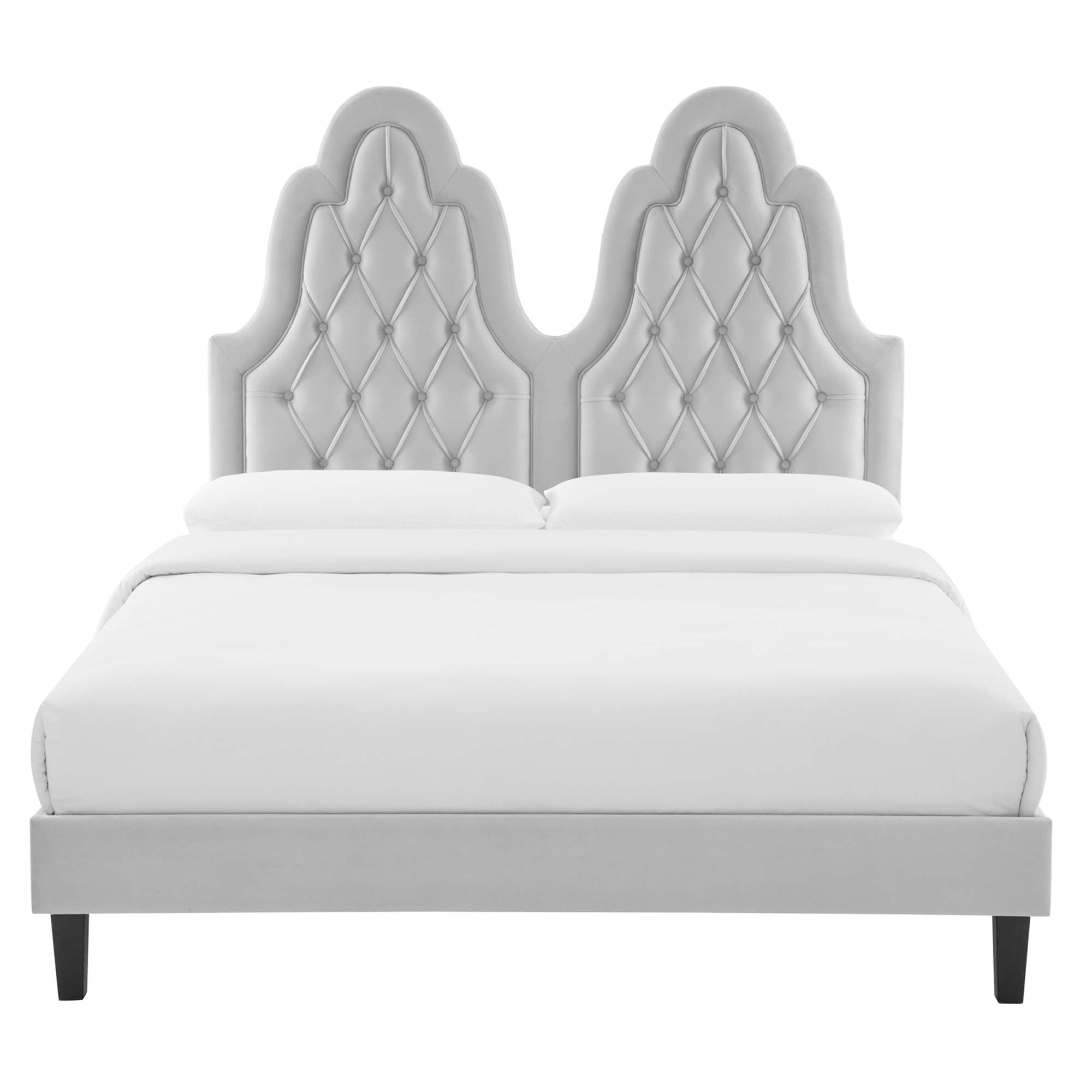 Maia Alexandria Collection Twin Bed in Light Gray Velvet – Tufted Design, Performance Upholstery