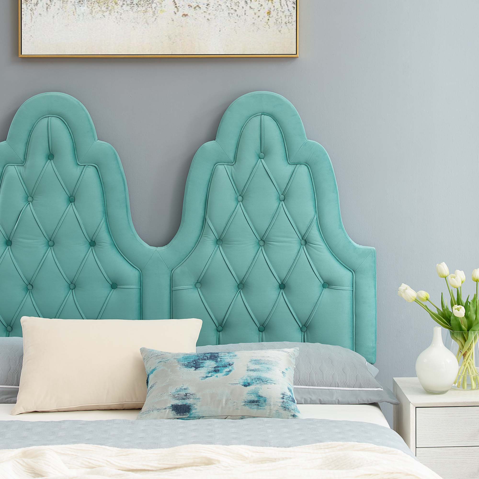 Maia Alexandria Collection Full Mint Performance Velvet Bed – Tufted Headboard, Sleek Frame