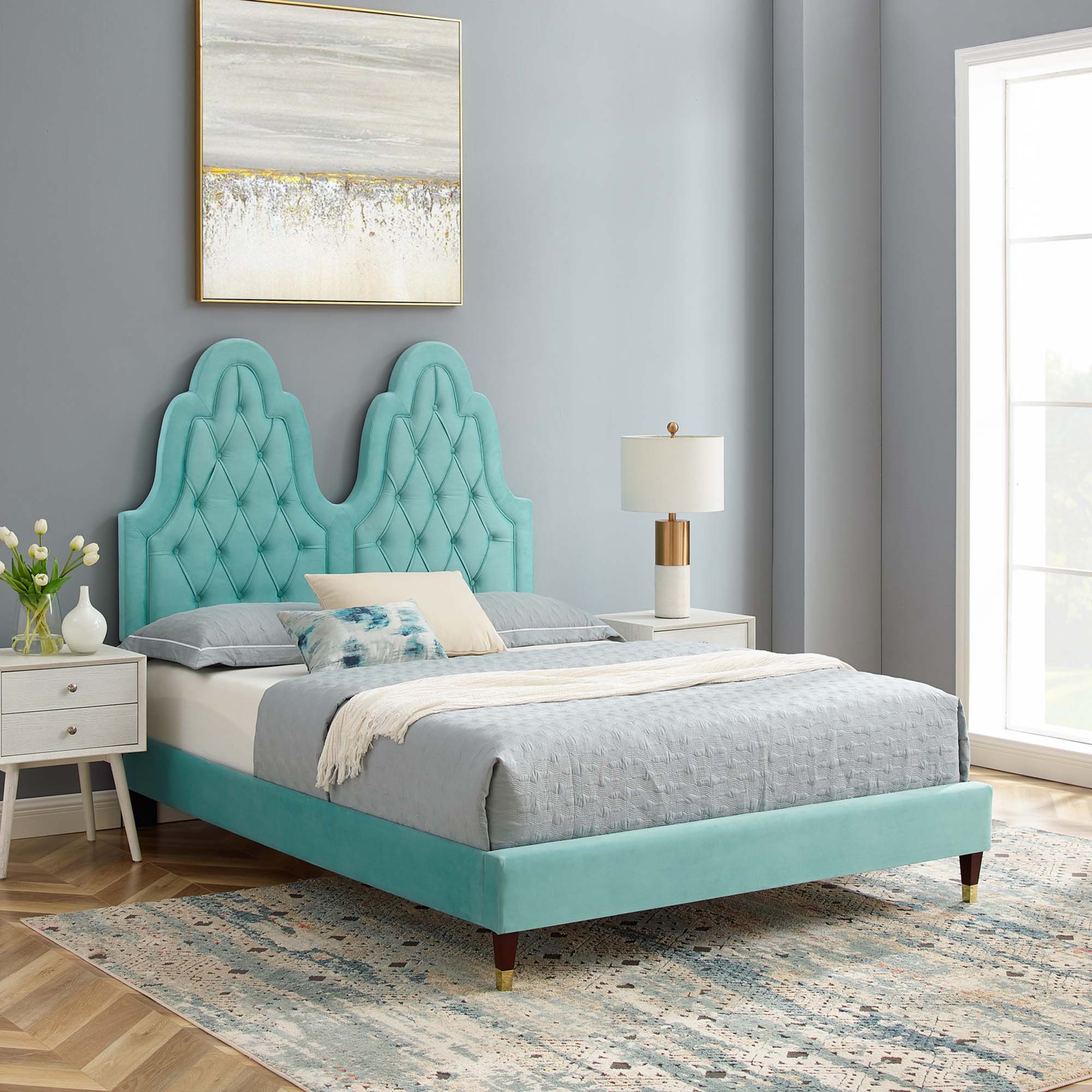 Maia Alexandria Collection Full Mint Performance Velvet Bed – Tufted Headboard, Sleek Frame