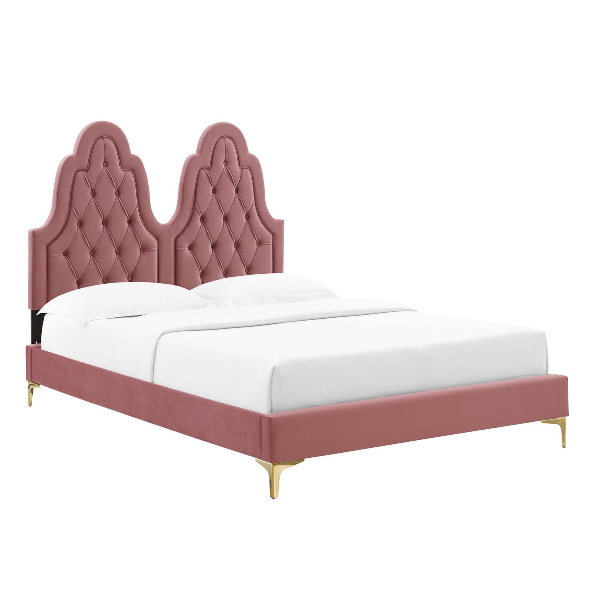 Maia Alexandria King Dusty Rose Velvet Platform Bed – Tufted Glam Headboard