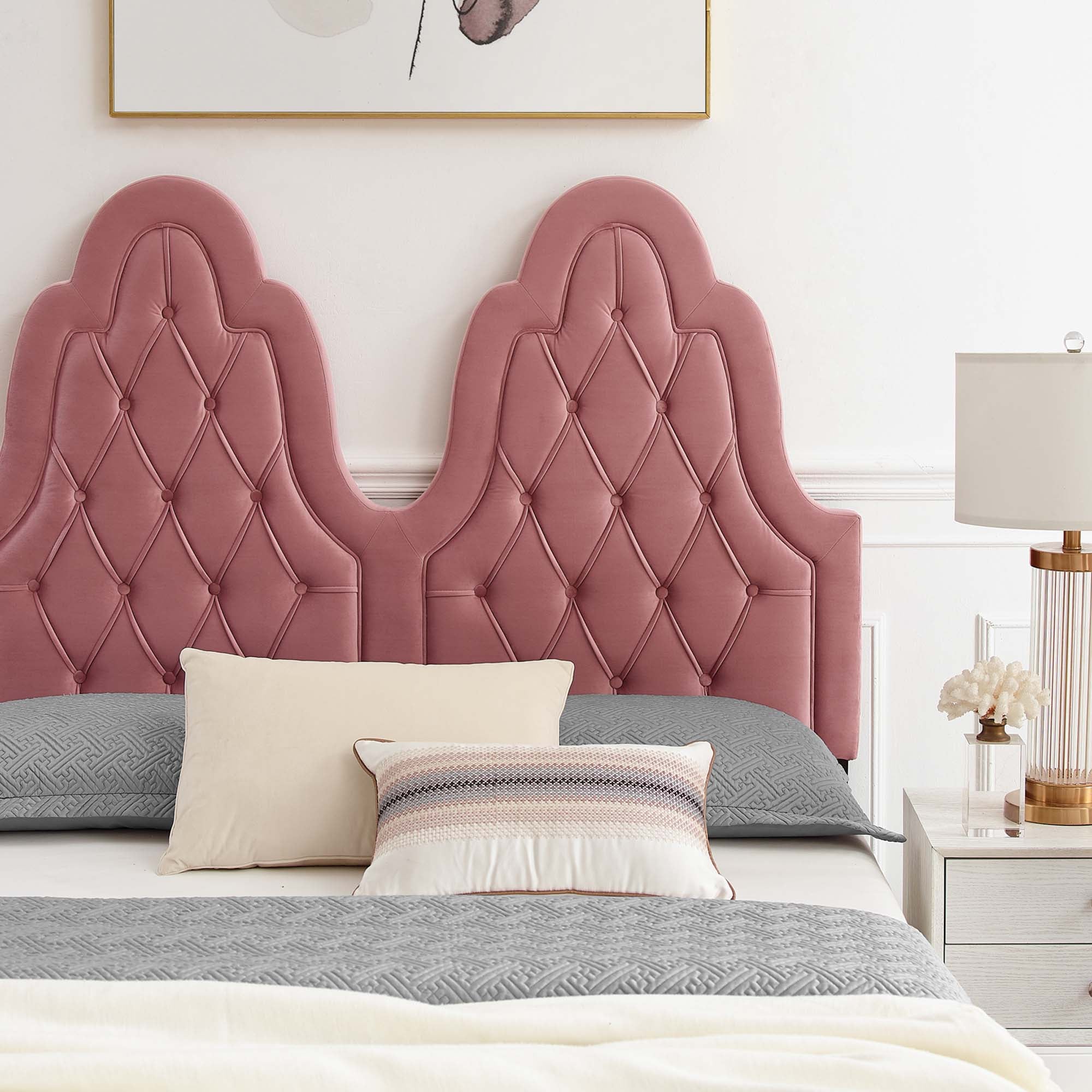 Maia Alexandria King Dusty Rose Velvet Platform Bed – Tufted Glam Headboard