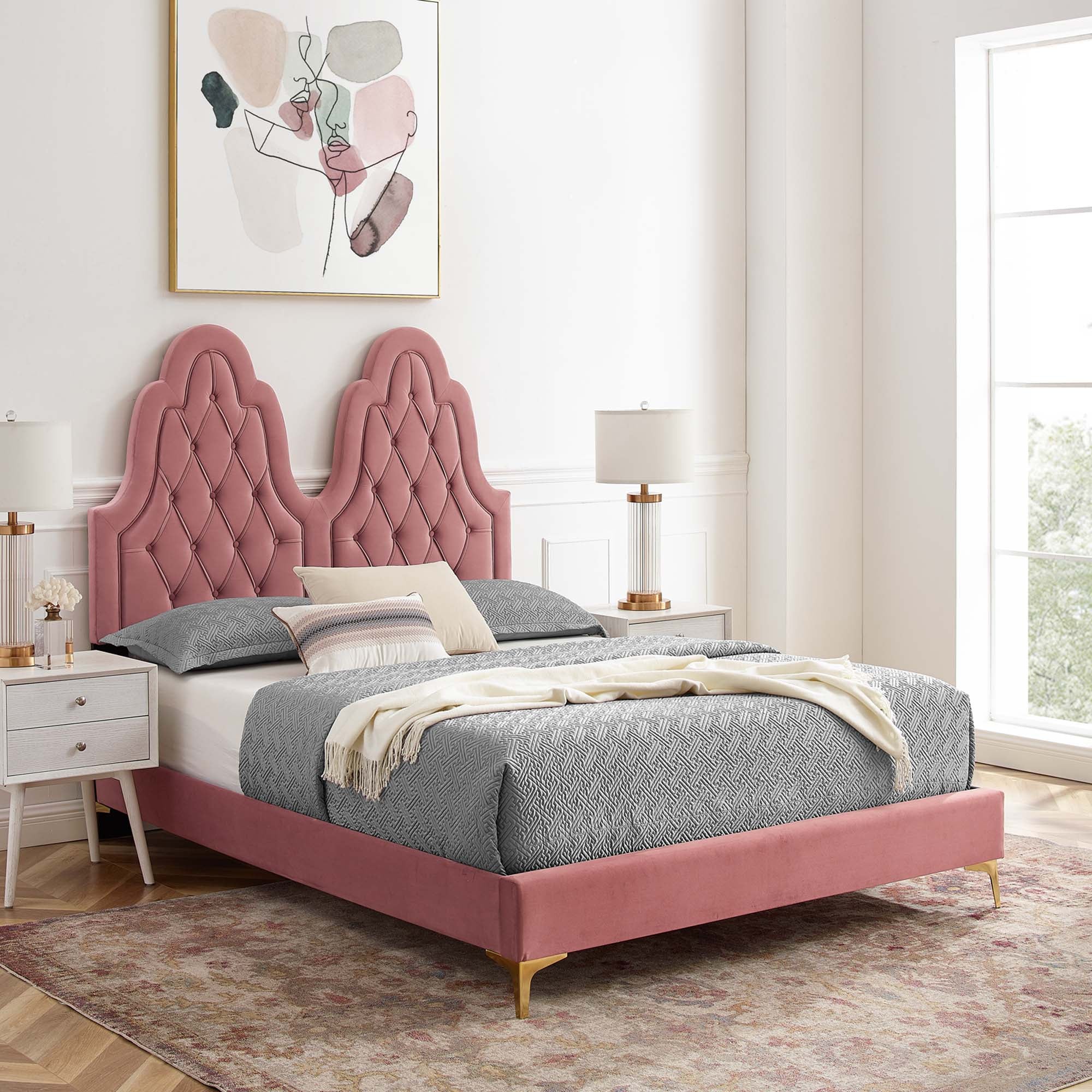 Maia Alexandria King Dusty Rose Velvet Platform Bed – Tufted Glam Headboard