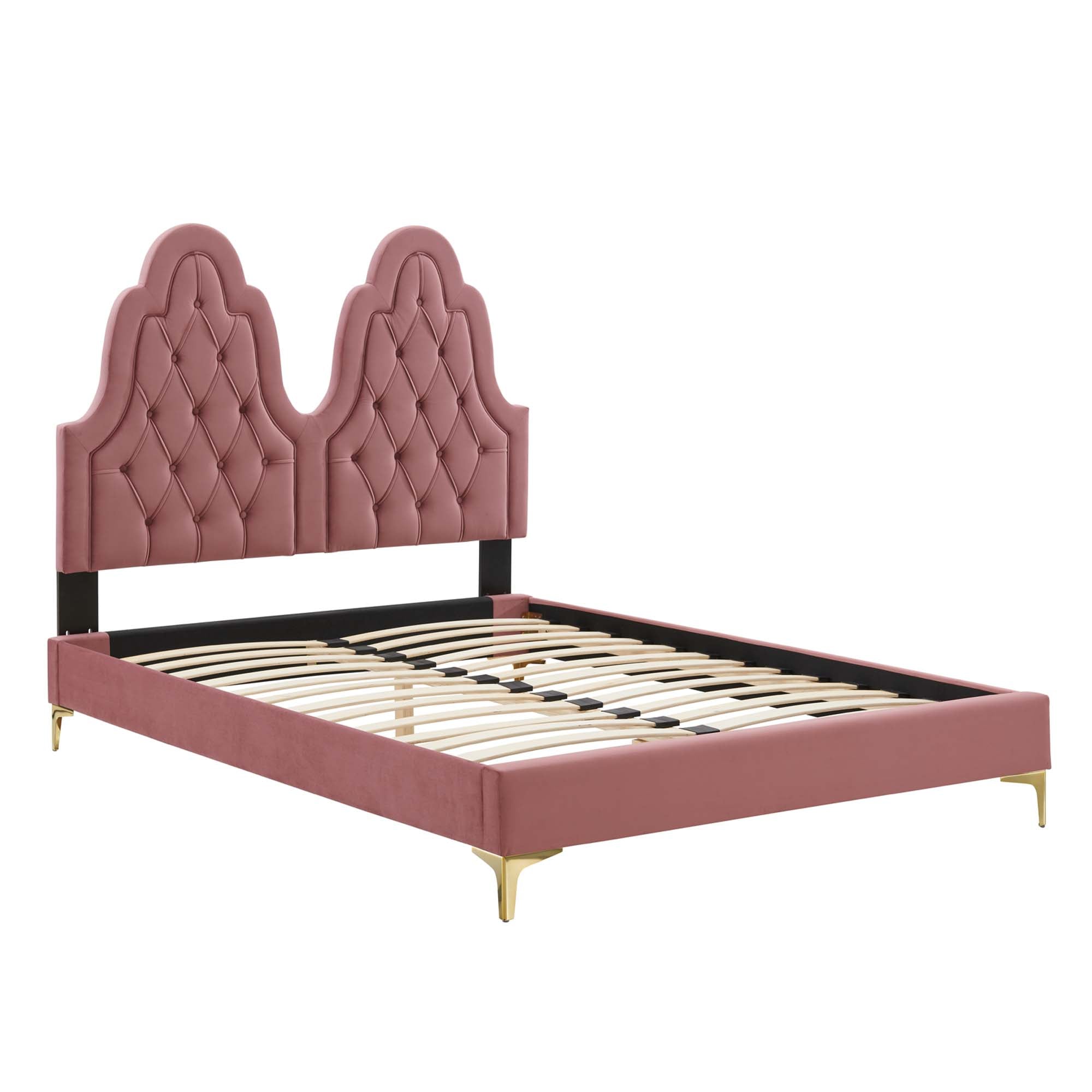 Maia Alexandria King Dusty Rose Velvet Platform Bed – Tufted Glam Headboard