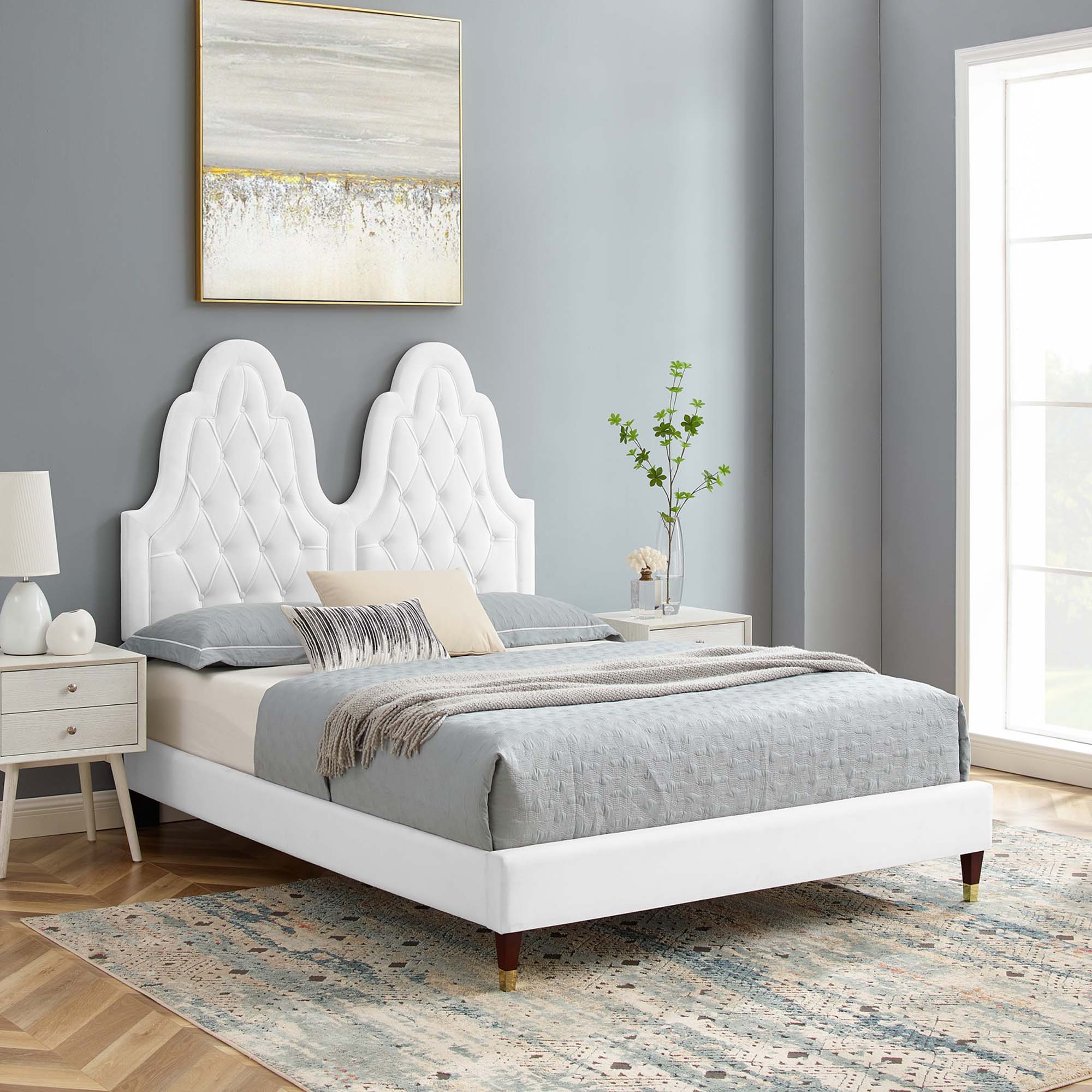Maia Alexandria King White Velvet Platform Bed – Tufted Modern Design