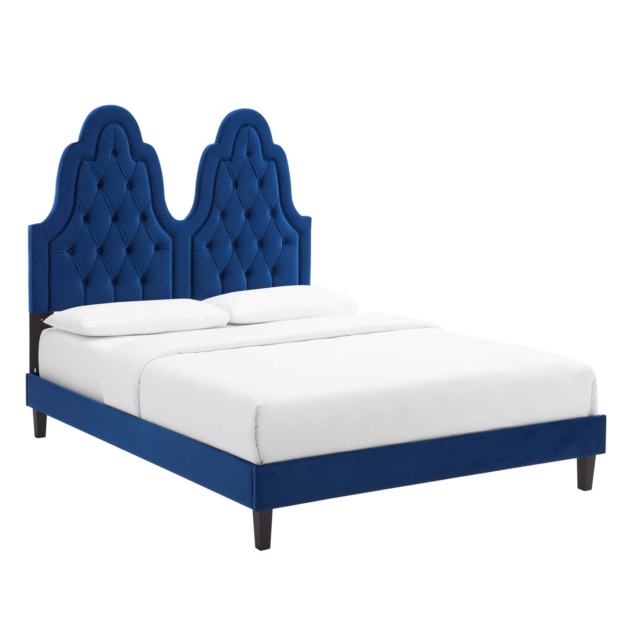 Maia Alexandria King Navy Velvet Platform Bed – Tufted Modern Design