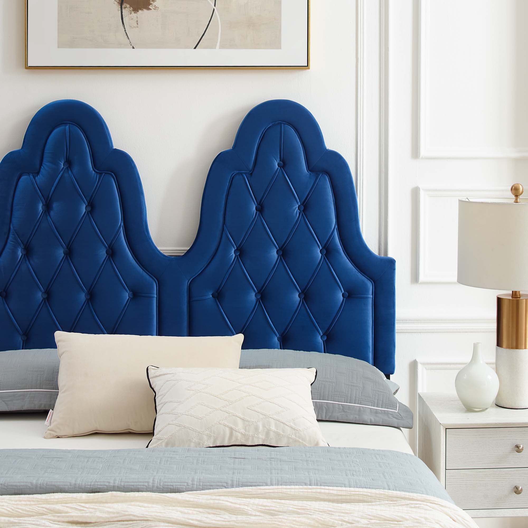 Maia Alexandria King Navy Velvet Platform Bed – Tufted Modern Design
