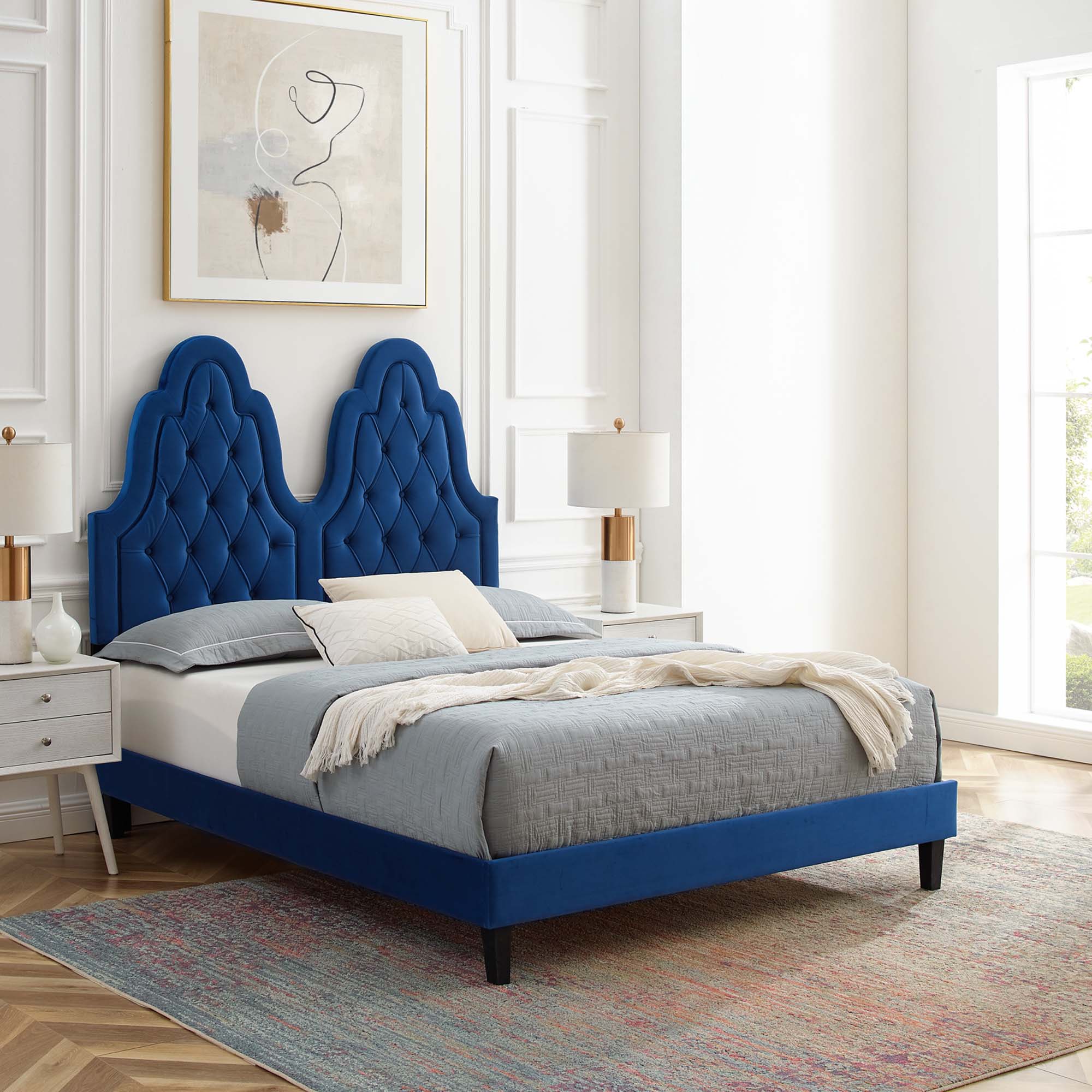 Maia Alexandria King Navy Velvet Platform Bed – Tufted Modern Design