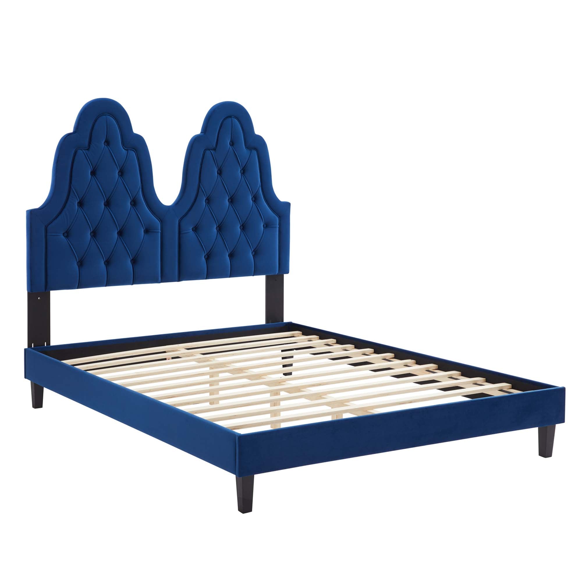 Maia Alexandria King Navy Velvet Platform Bed – Tufted Modern Design