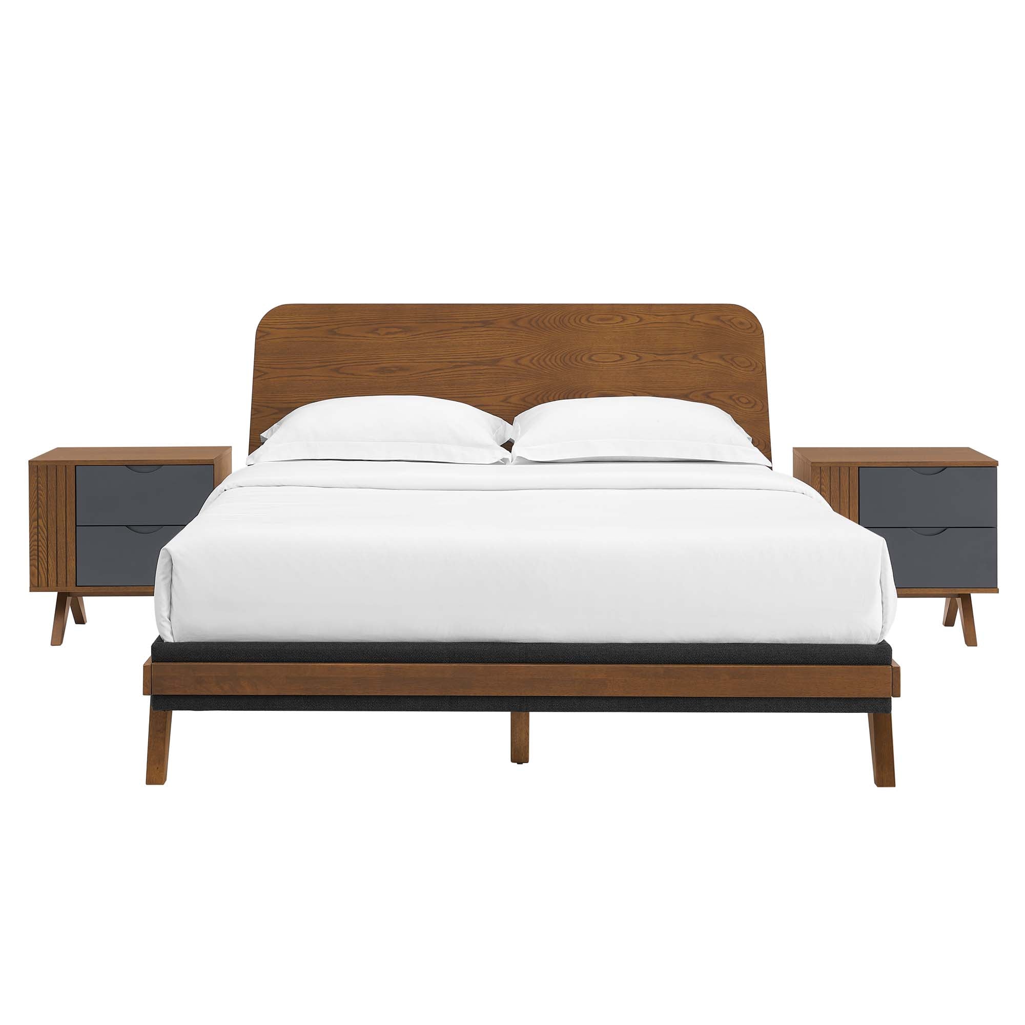 Senjo Walnut 3-Piece Queen Bedroom Set – Platform Bed & Nightstands