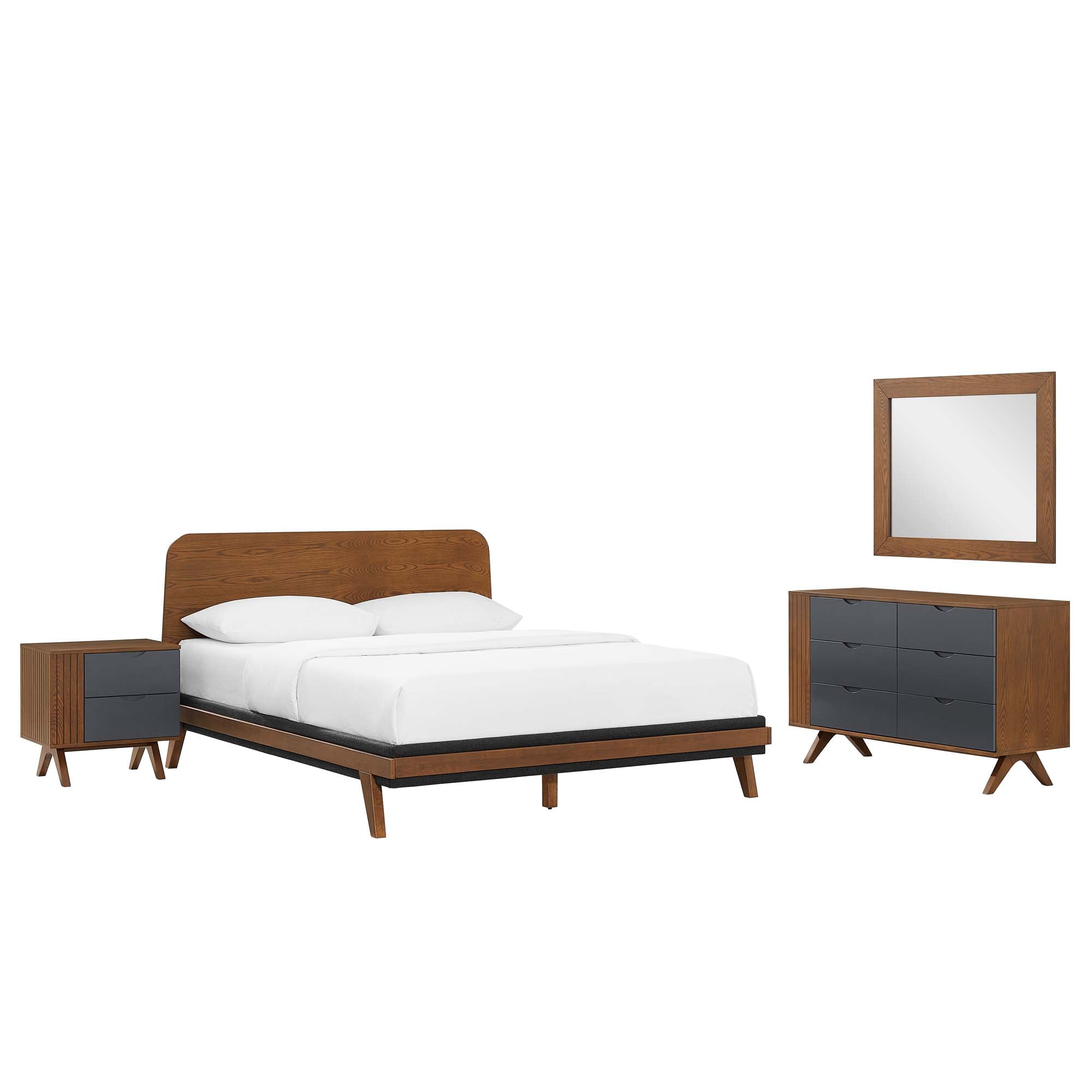 Senjo Queen Walnut Wood Grain Platform Bed Set – 4-Piece Bedroom Collection