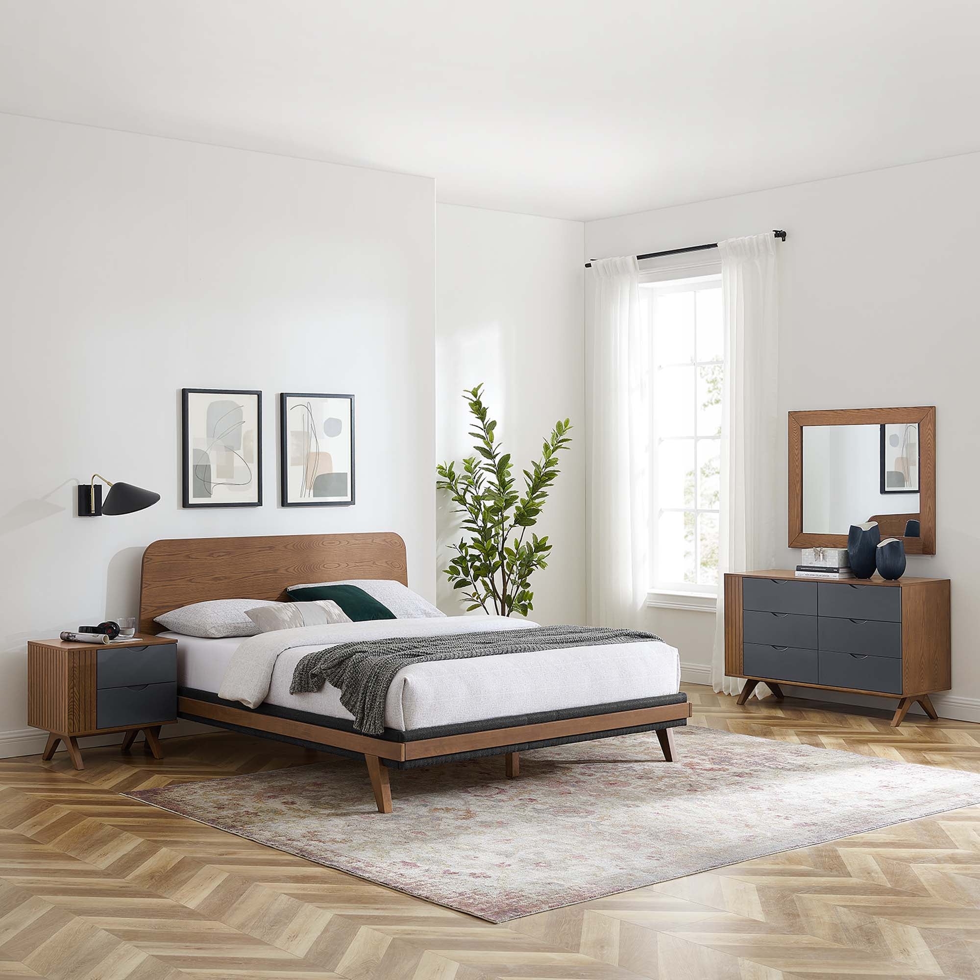 Senjo Queen Walnut Wood Grain Platform Bed Set – 4-Piece Bedroom Collection