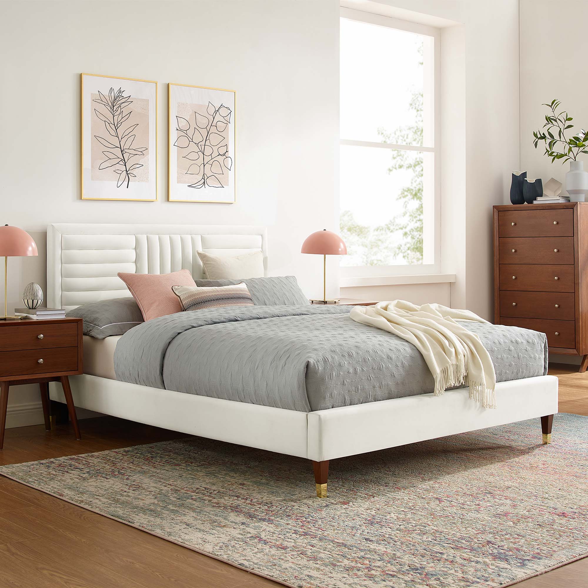 Sofia White Channel Tufted Performance Velvet Queen Platform Bed