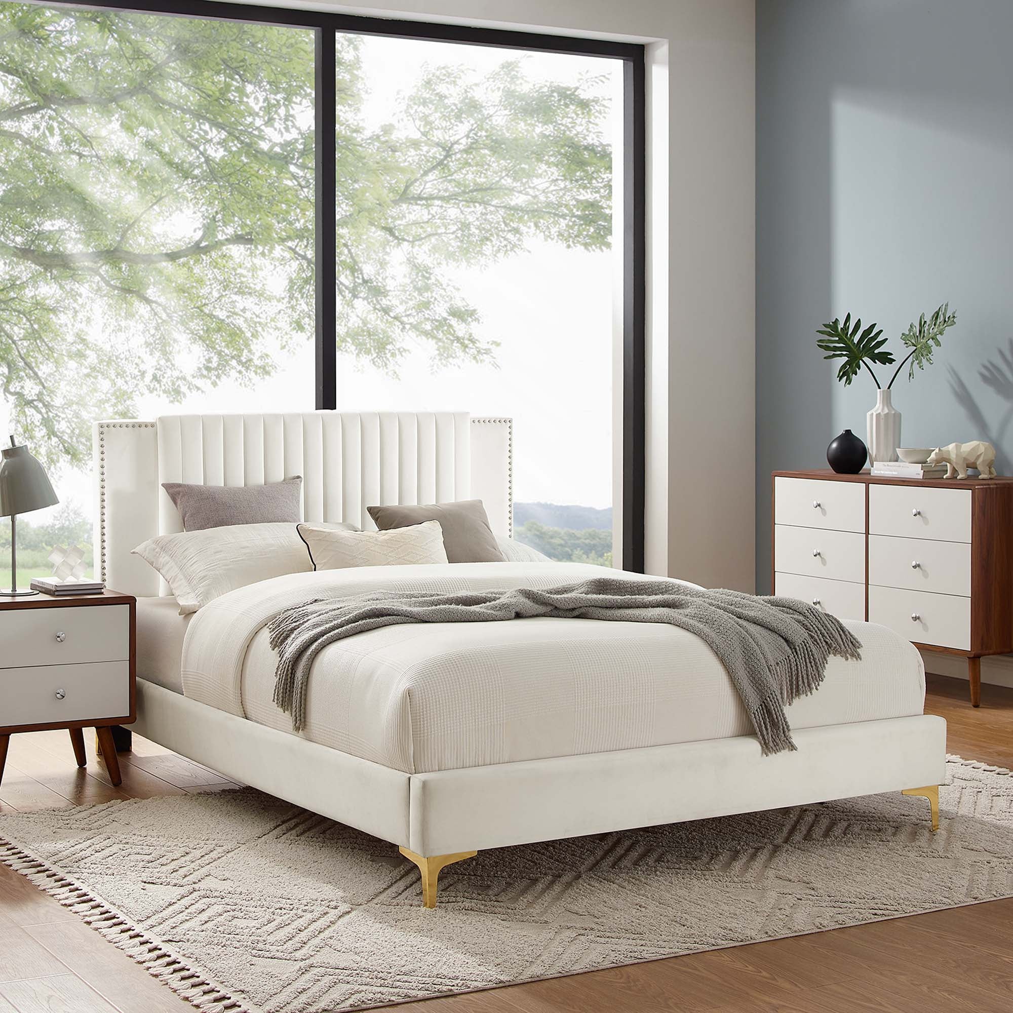 Zahra White Channel Tufted Performance Velvet Full Platform Bed