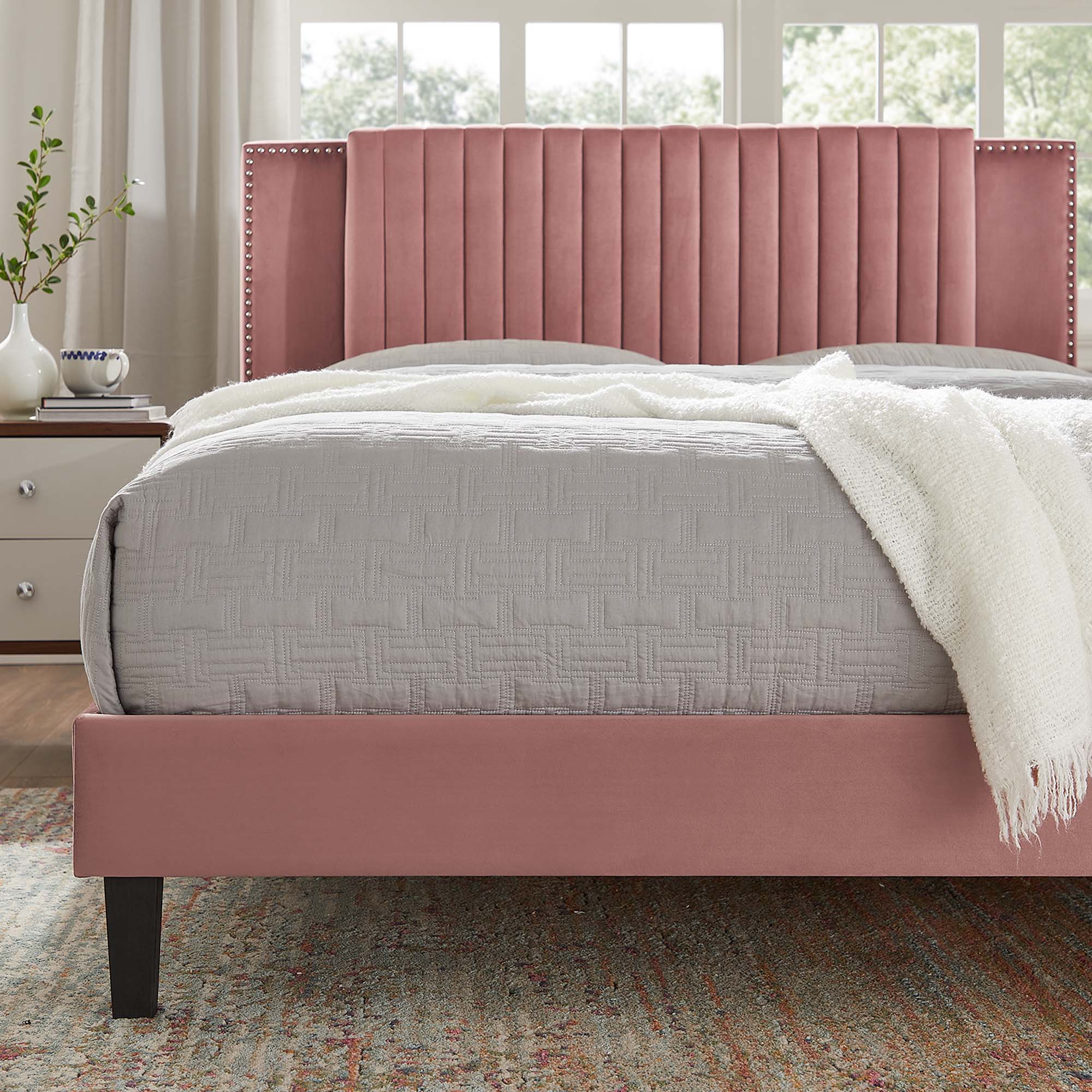 Zahra Dusty Rose Channel Tufted Performance Velvet Full Platform Bed