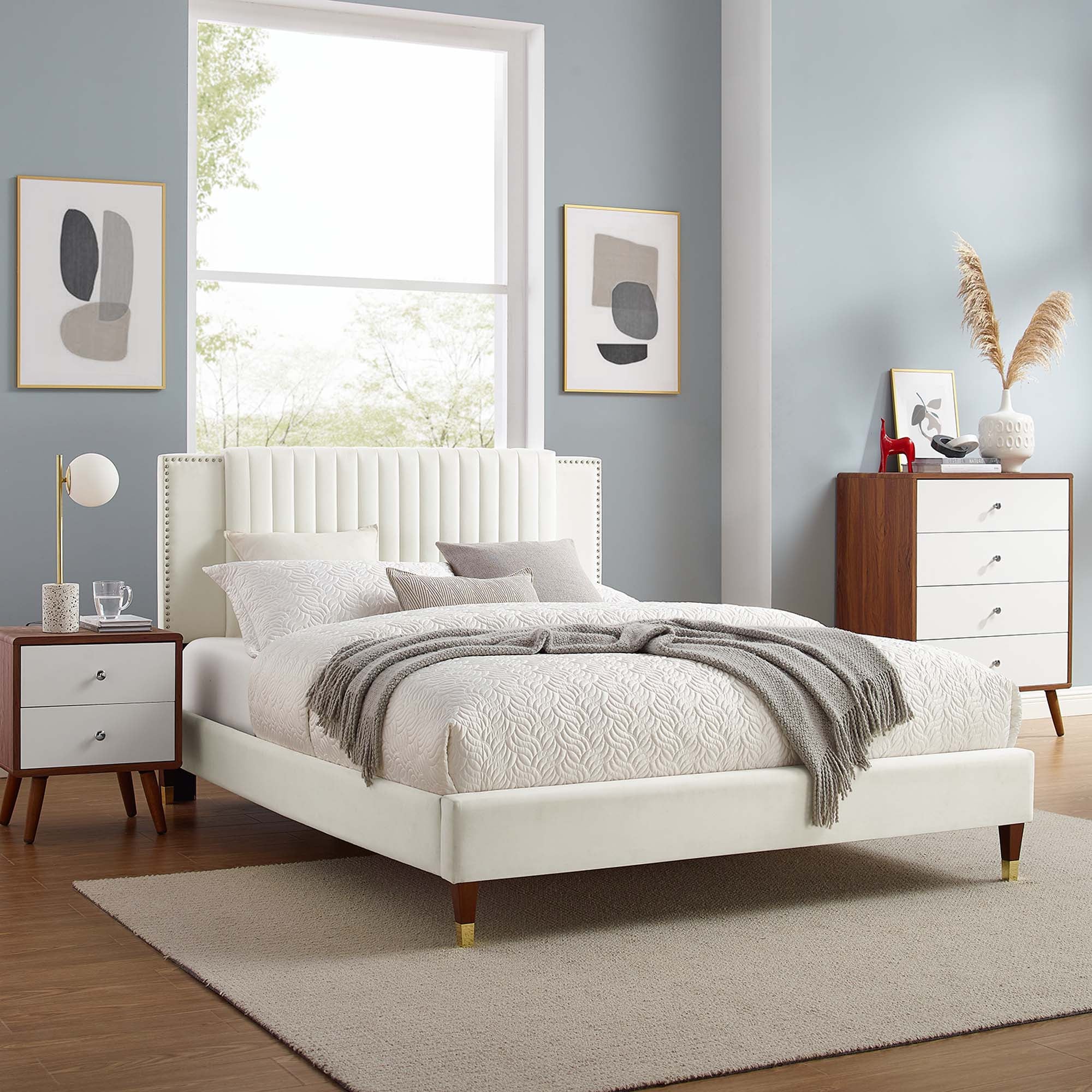 Zahra White Channel Tufted Performance Velvet King Platform Bed
