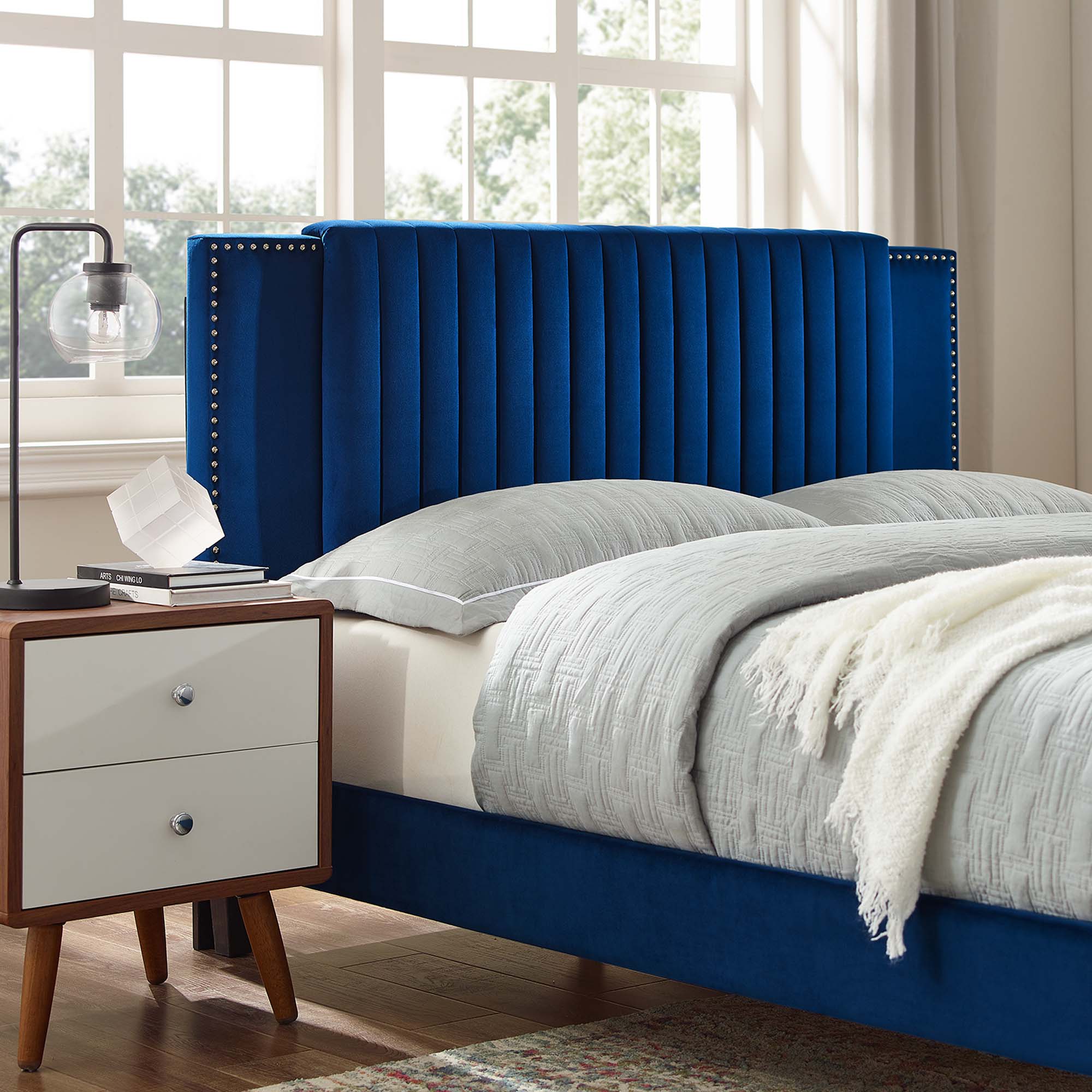 Zahra Navy Channel Tufted Performance Velvet King Platform Bed