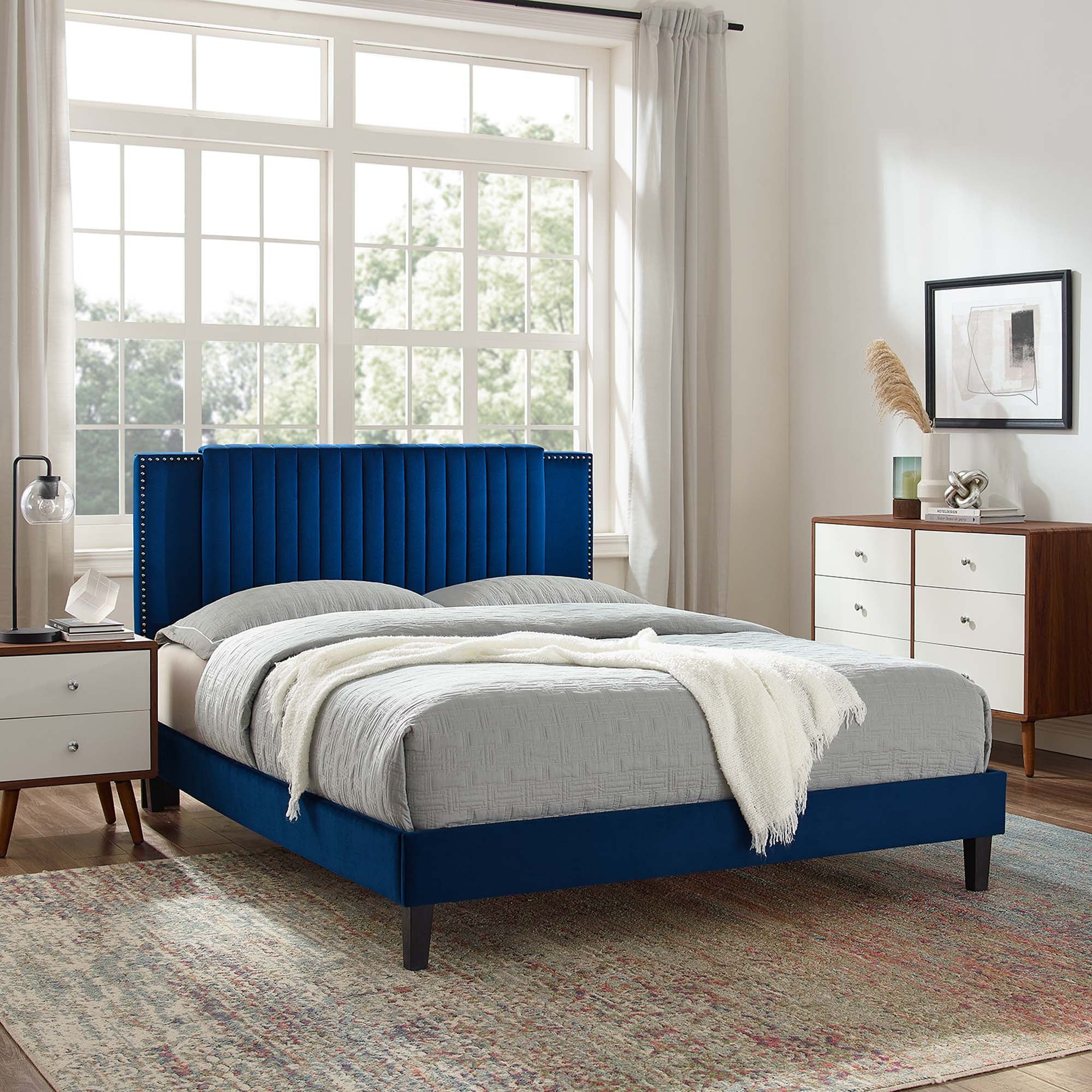 Zahra Navy Channel Tufted Performance Velvet King Platform Bed
