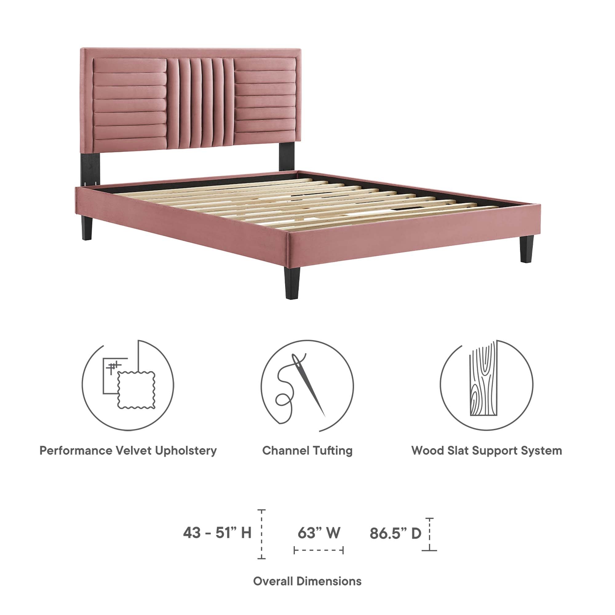 Sofia Dusty Rose Channel Tufted Performance Velvet King Platform Bed