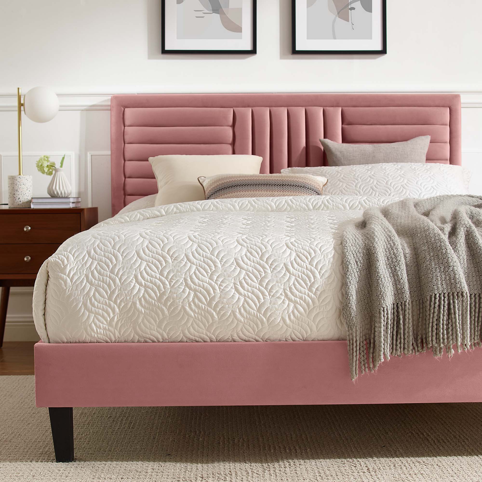Sofia Dusty Rose Channel Tufted Performance Velvet King Platform Bed
