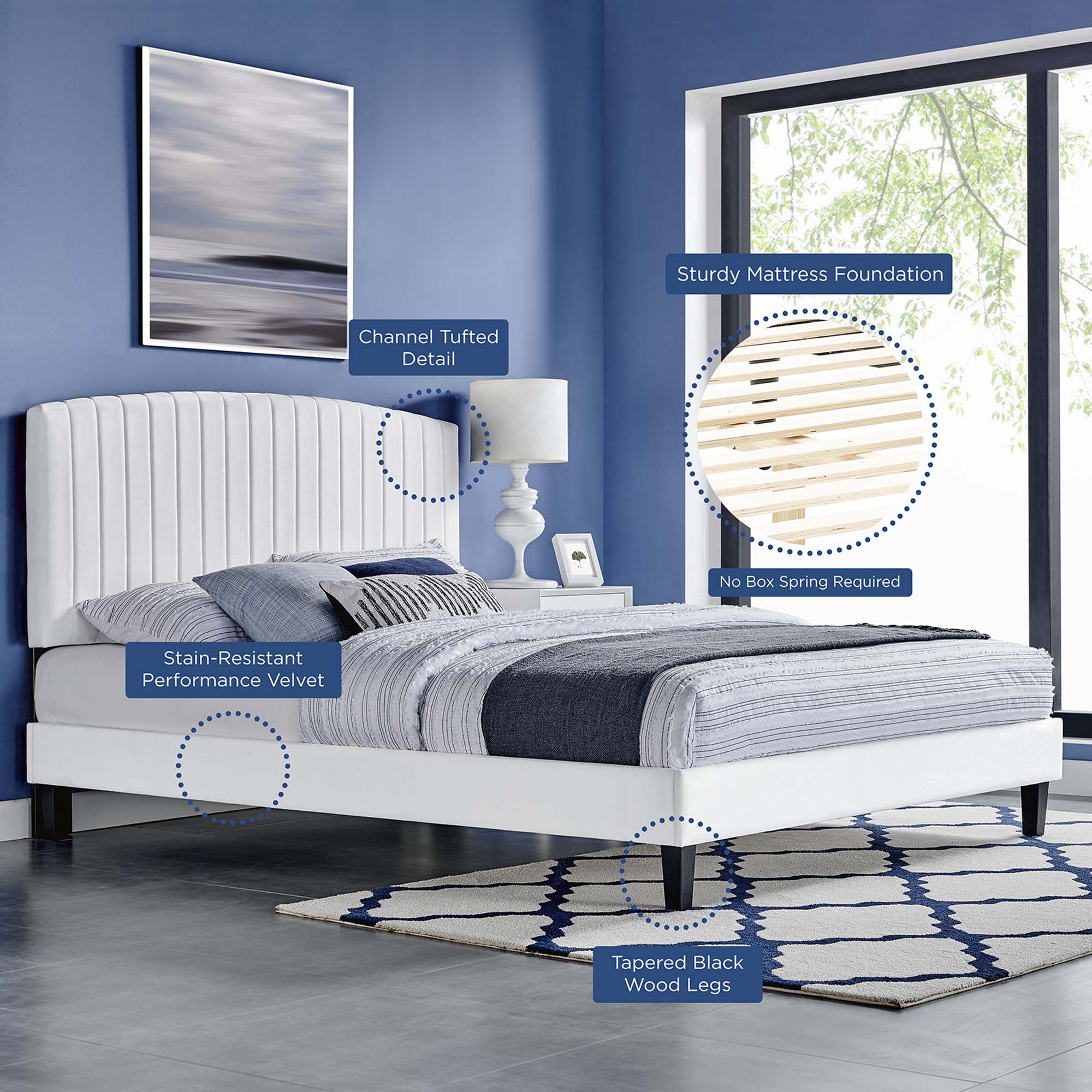 Mera Alessi Full White Performance Velvet Platform Bed Modern Tufted Upholstered Frame