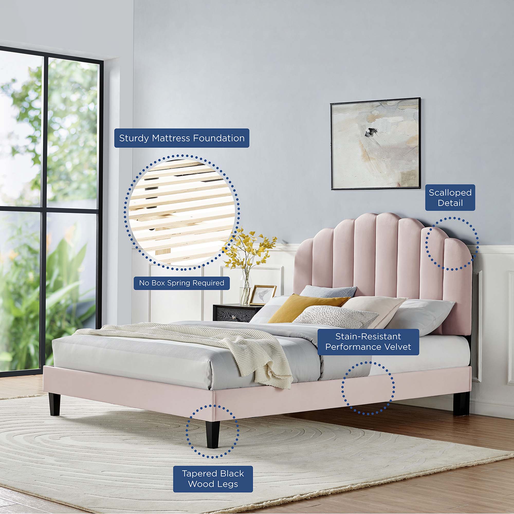 Daisy Performance Velvet Full Platform Bed, Pink