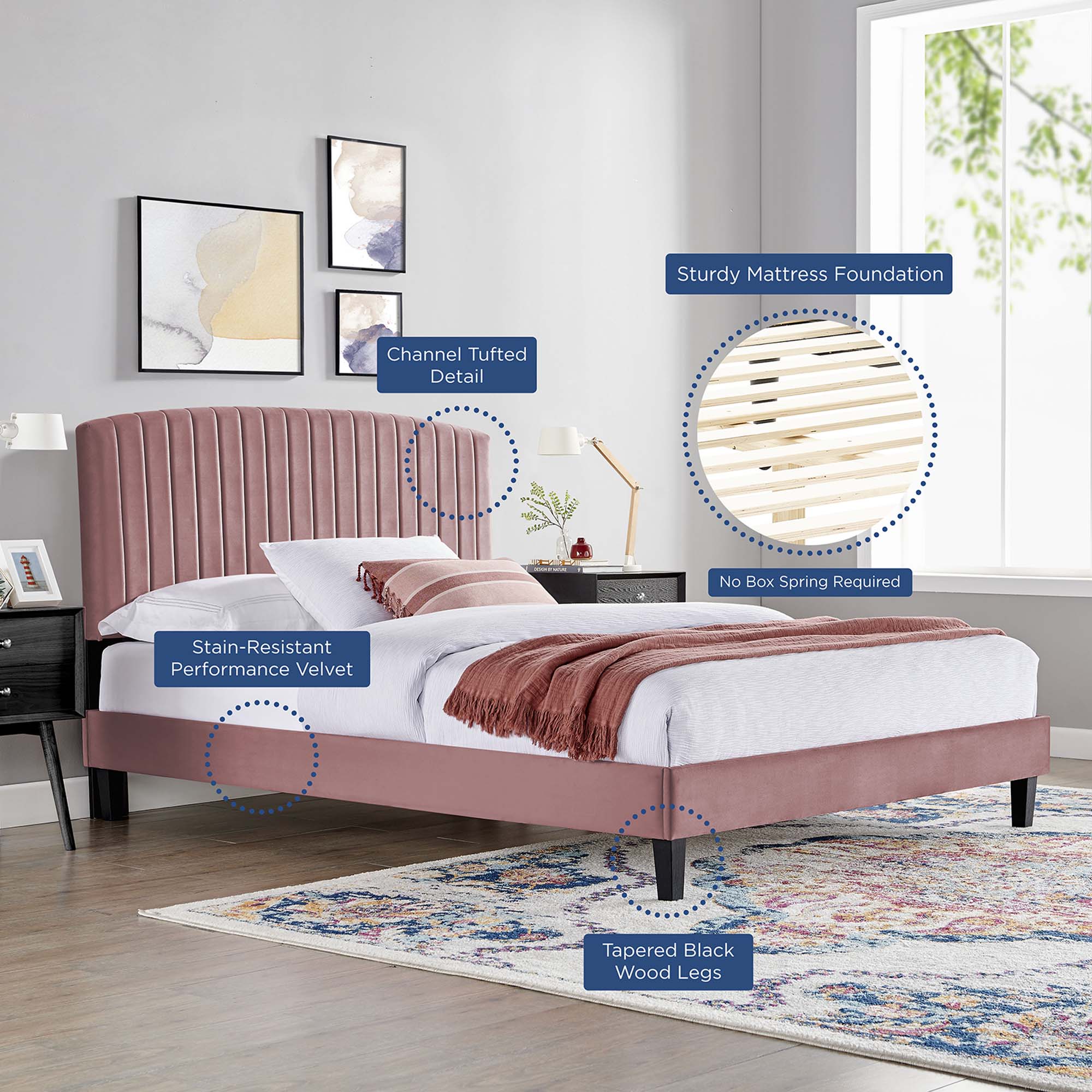 Mera Alessi Twin Dusty Rose Performance Velvet Bed – Upholstered Platform Frame