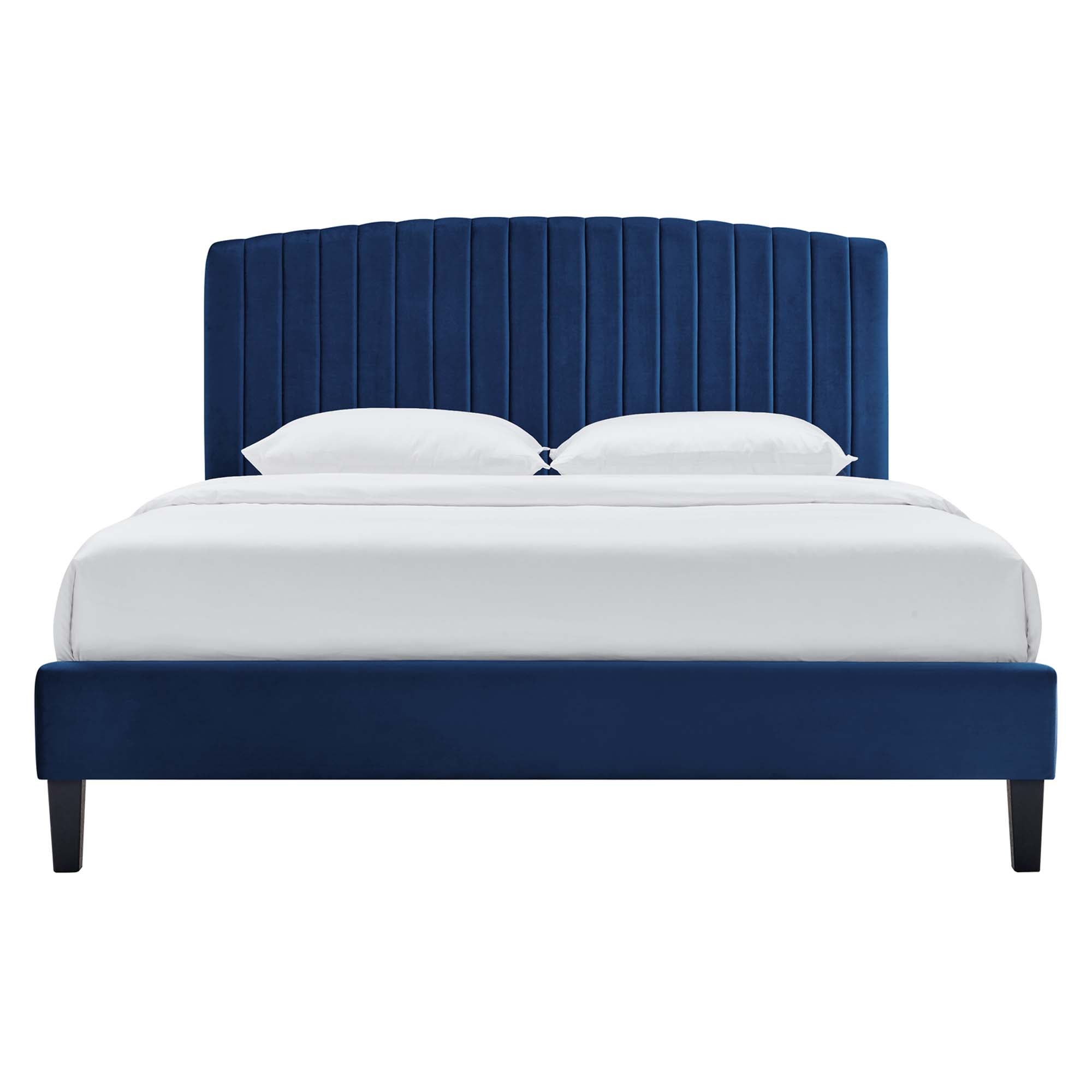 Mera Alessi King Navy Velvet Platform Bed – Modern Channel Tufted Headboard