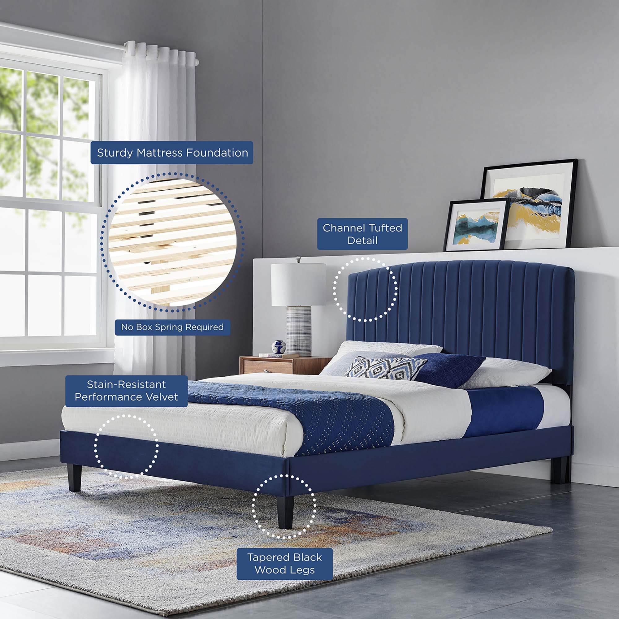 Mera Alessi King Navy Velvet Platform Bed – Modern Channel Tufted Headboard