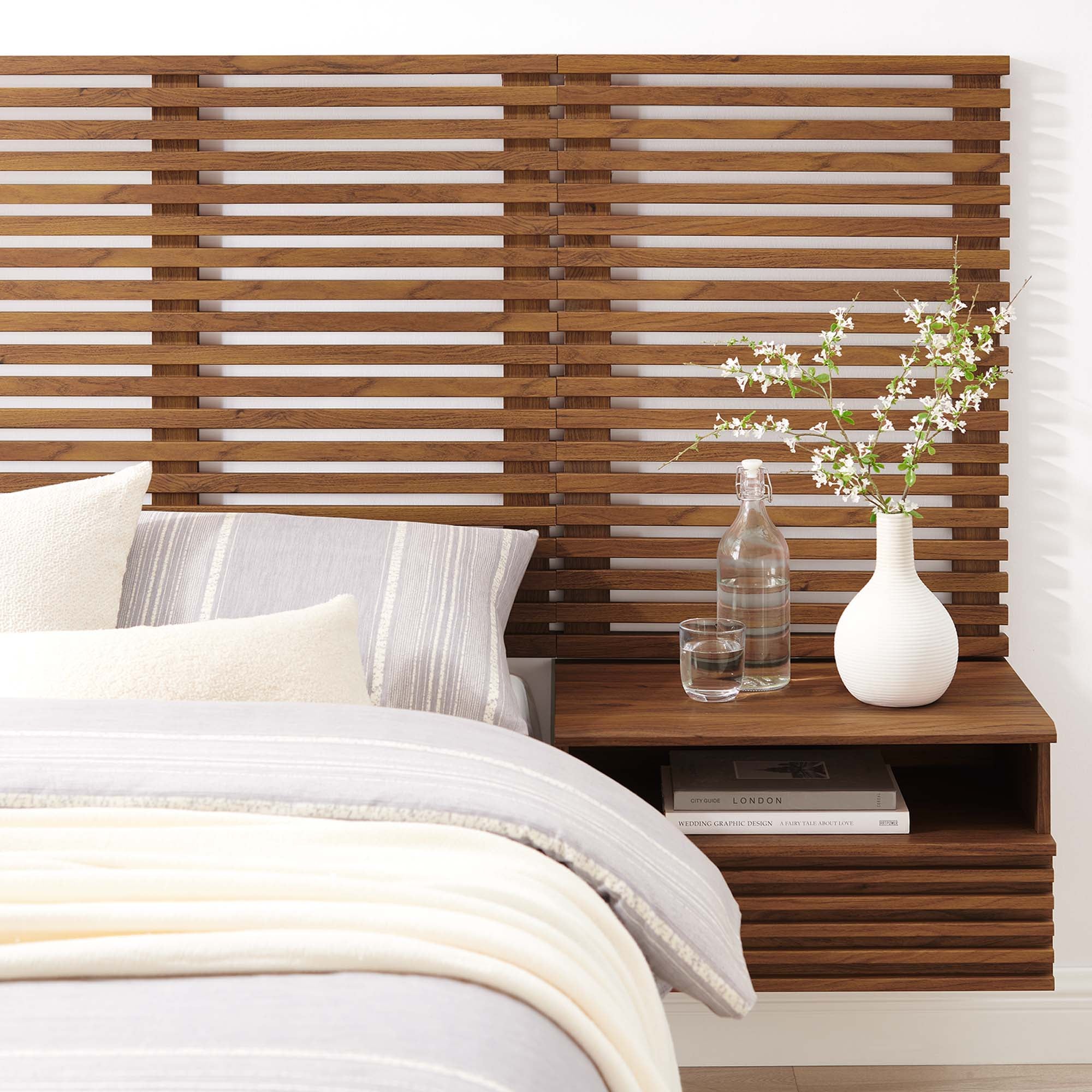 Render Wall Mount Twin Headboard and Modern Nightstands, Walnut