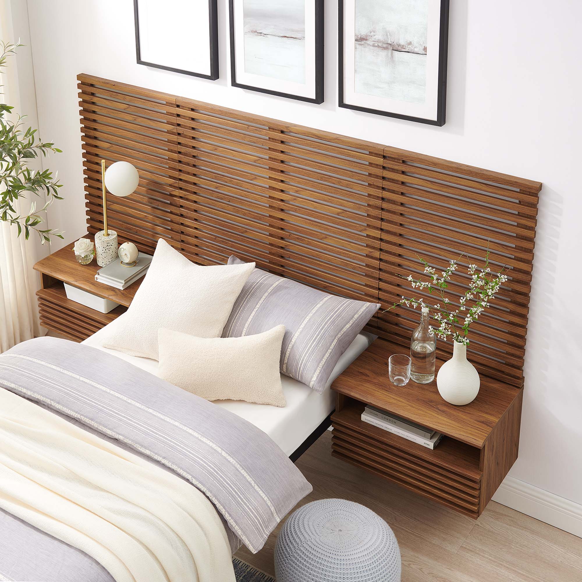 Render Wall Mount Twin Headboard and Modern Nightstands, Walnut