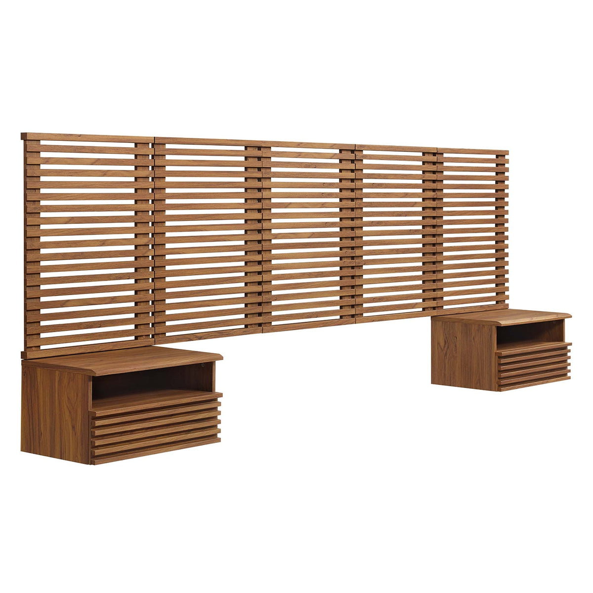 Render Wall Mount Queen Headboard and Modern Nightstands, Walnut