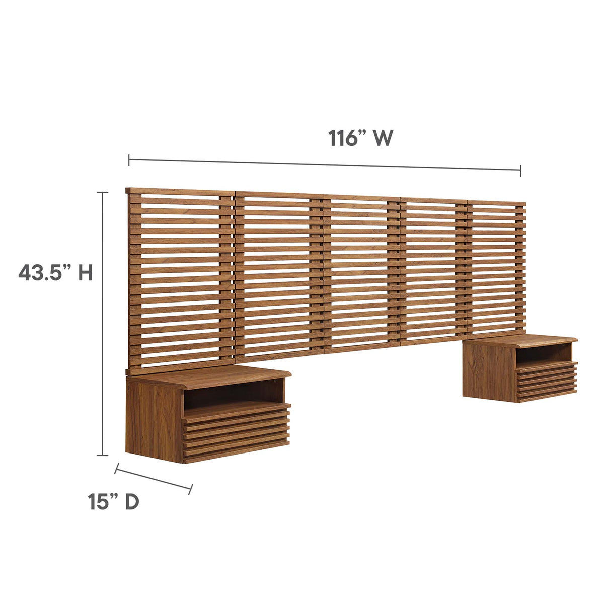 Render Wall Mount Queen Headboard and Modern Nightstands, Walnut