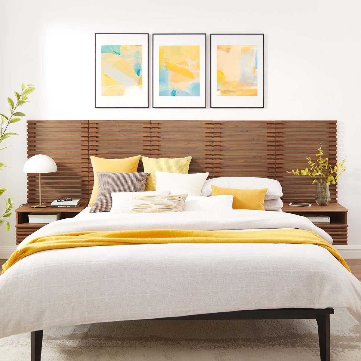 Render Wall Mount Queen Headboard and Modern Nightstands, Walnut