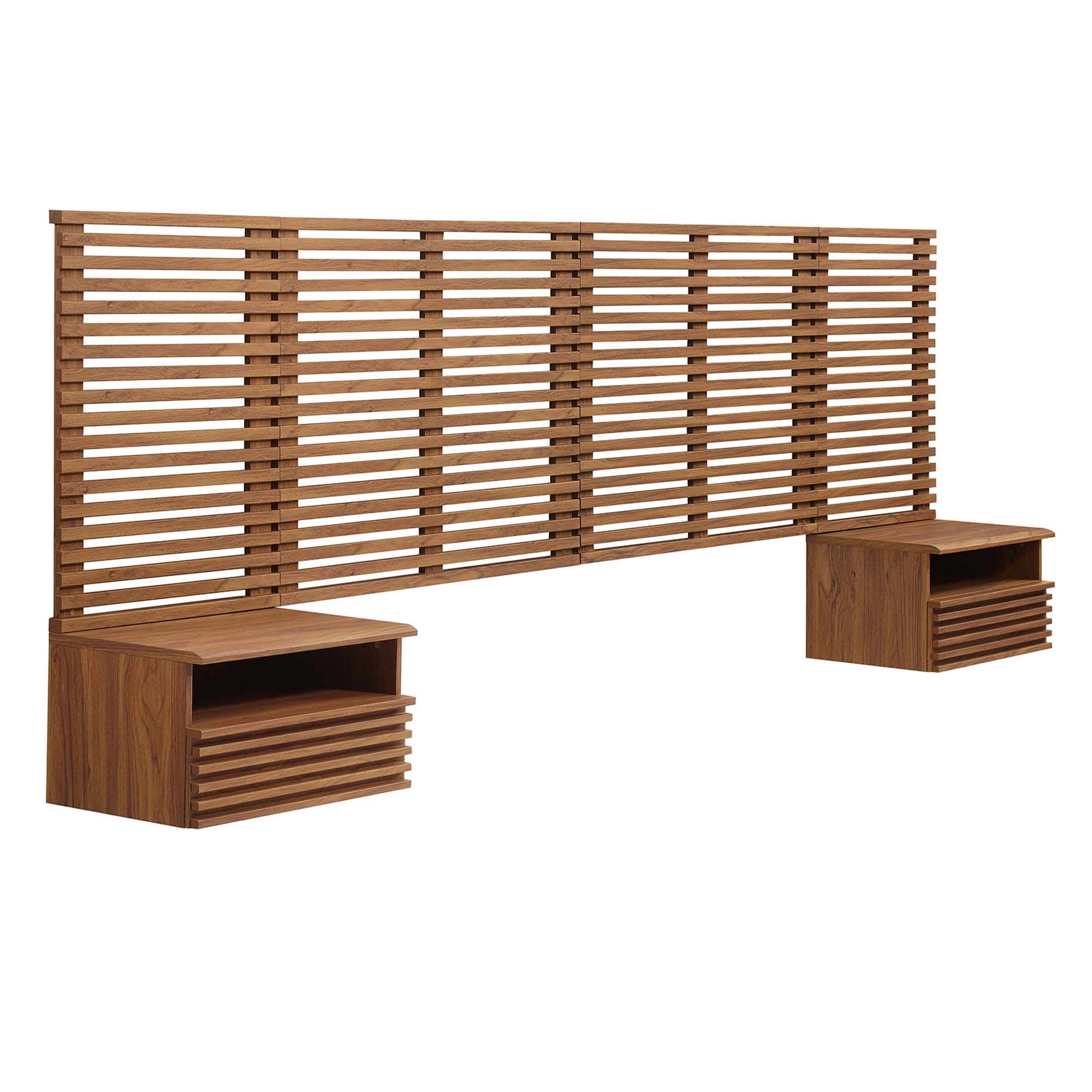 Render Wall Mount King Headboard and Modern Nightstands, Walnut