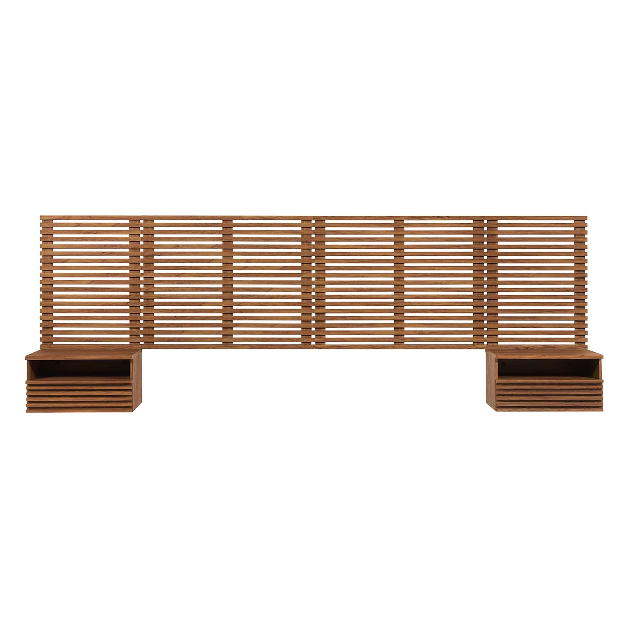 Render Wall Mount King Headboard and Modern Nightstands, Walnut