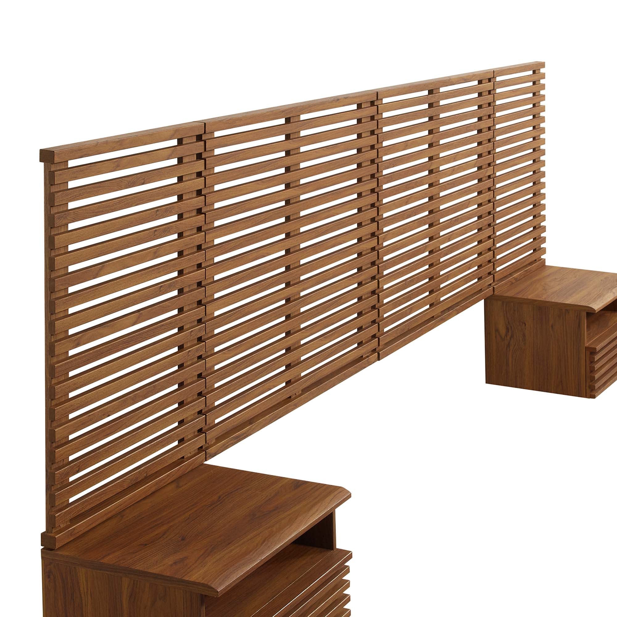 Render Wall Mount King Headboard and Modern Nightstands, Walnut