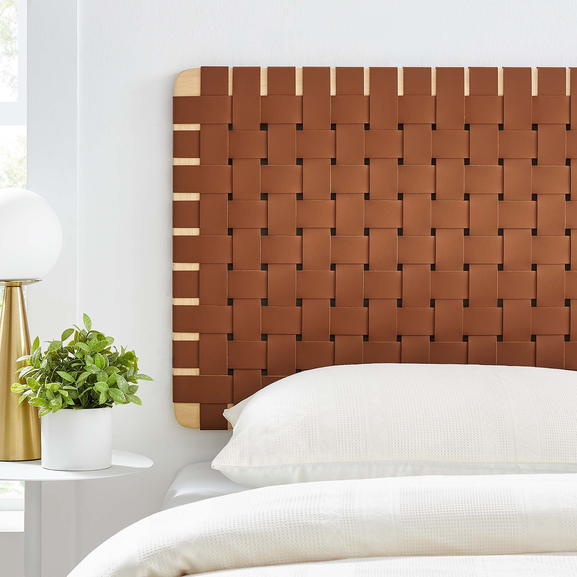 Sparta Weave Wall-Mount Vegan Leather Twin Headboard, Natural Brown