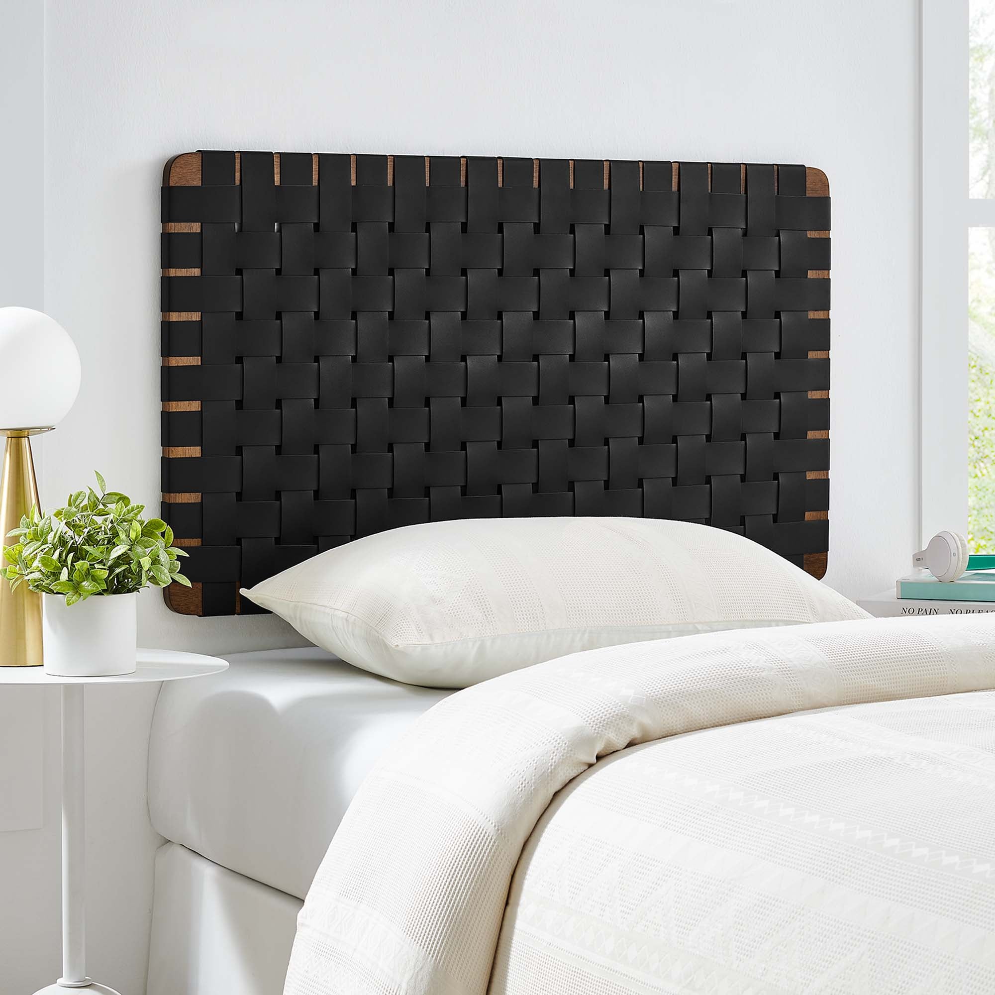 Sparta Weave Wall-Mount Vegan Leather Twin Headboard, Walnut Black