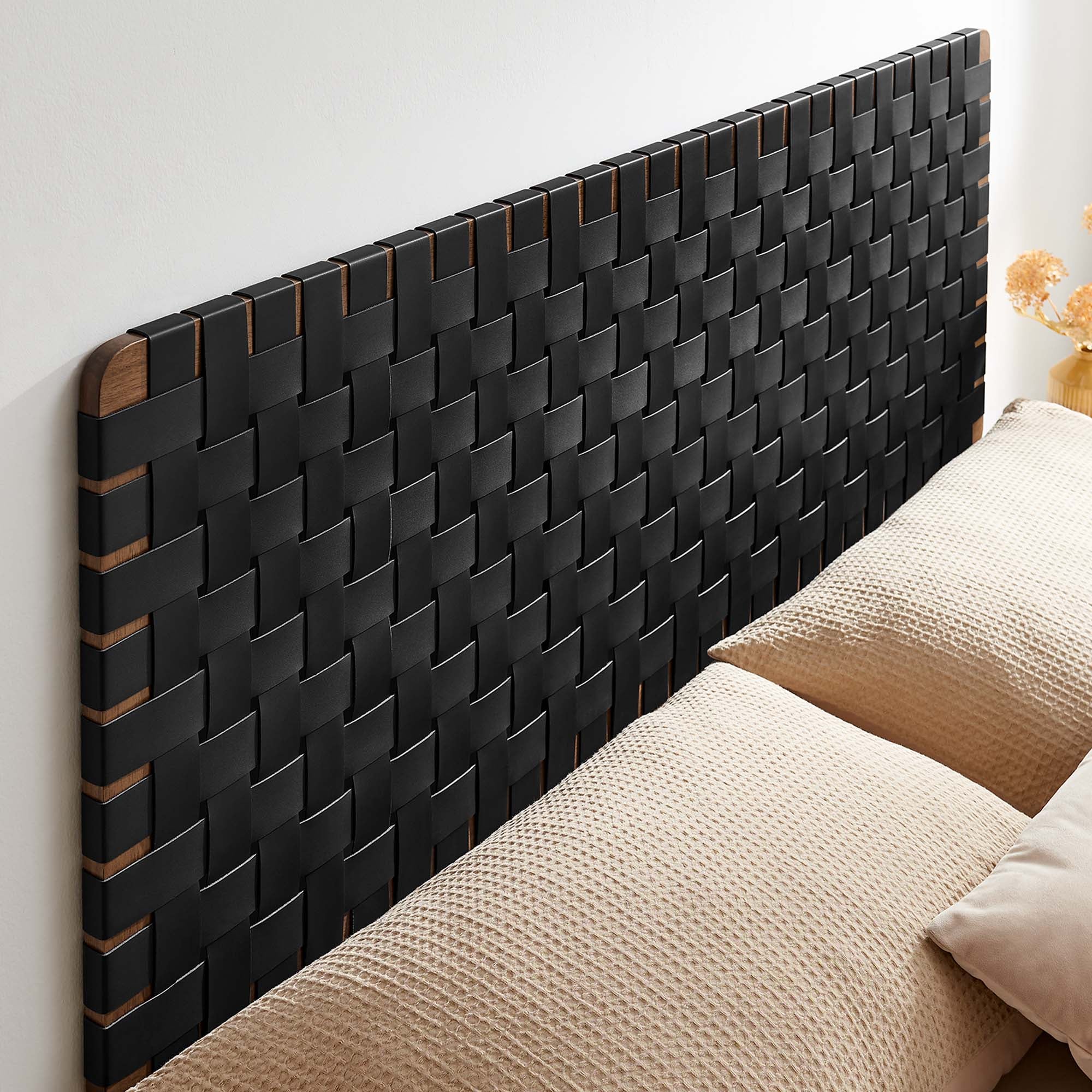 Sparta Weave Wall-Mount Vegan Leather Queen Headboard, Walnut Black