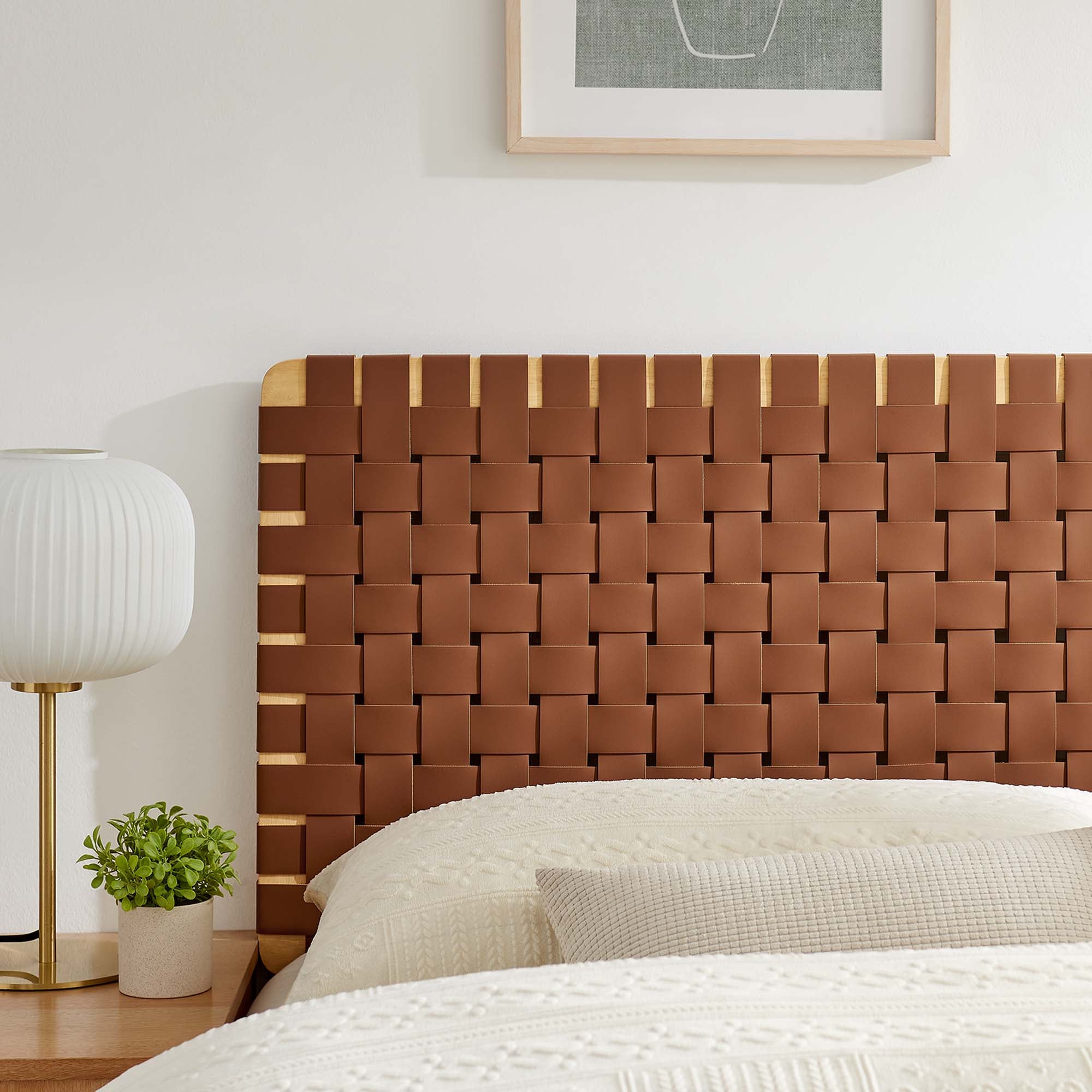 Sparta Weave Vegan Leather Queen Headboard, Natural Brown