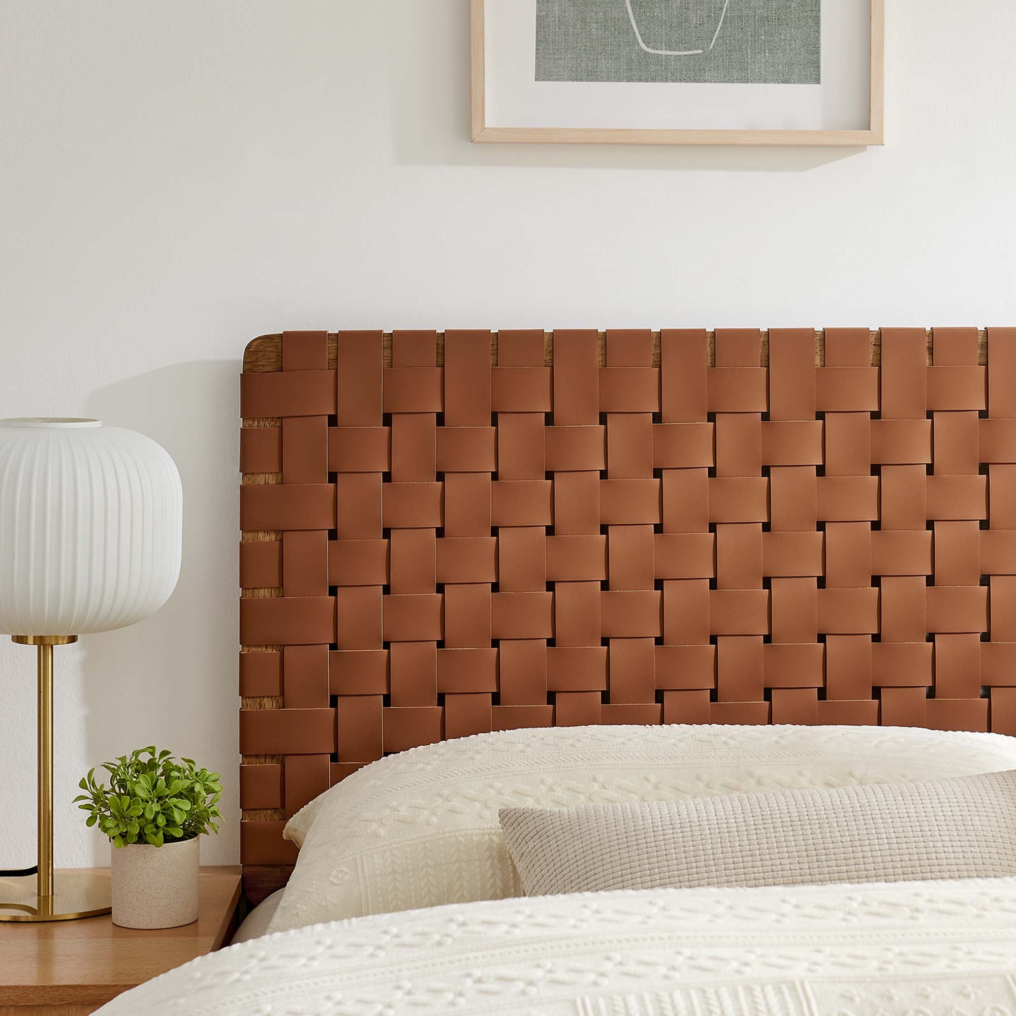 Sparta Weave Vegan Leather Queen Headboard, Walnut Brown