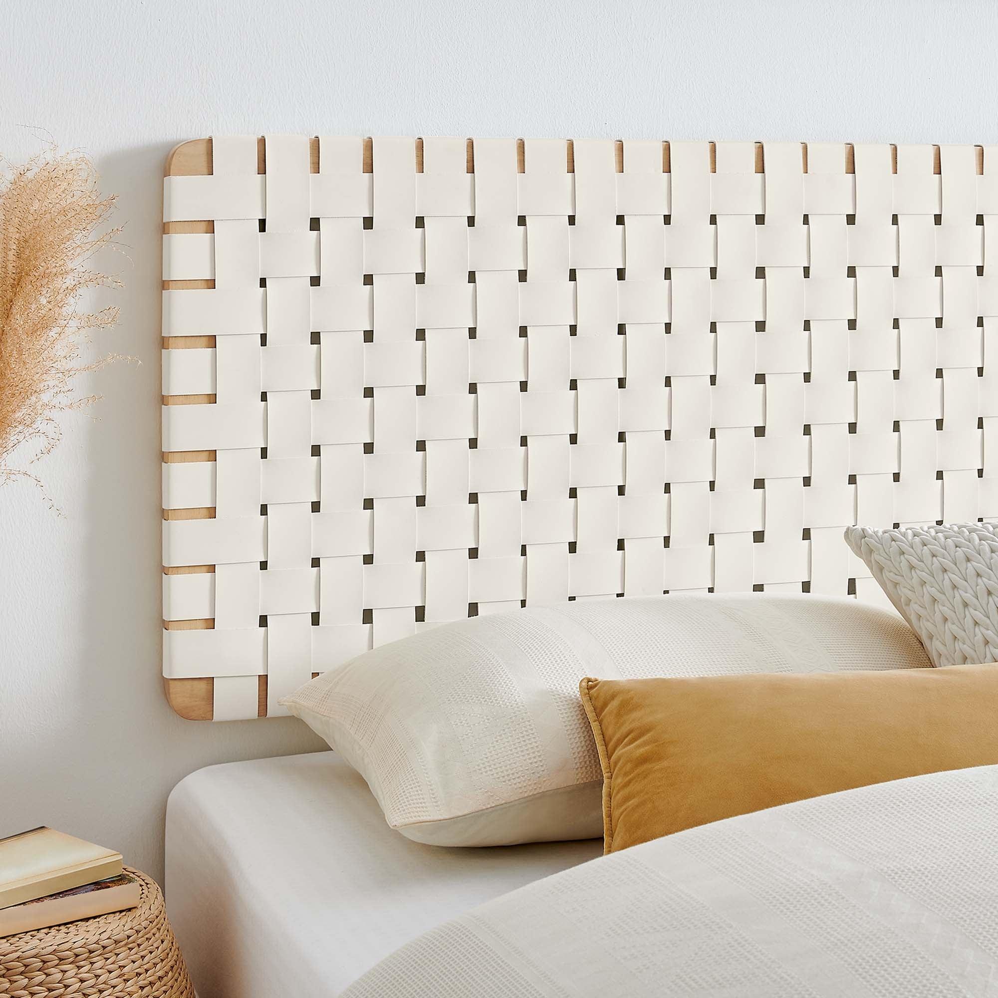 Sparta Weave Wall-Mount Vegan Leather King Headboard, Natural Beige