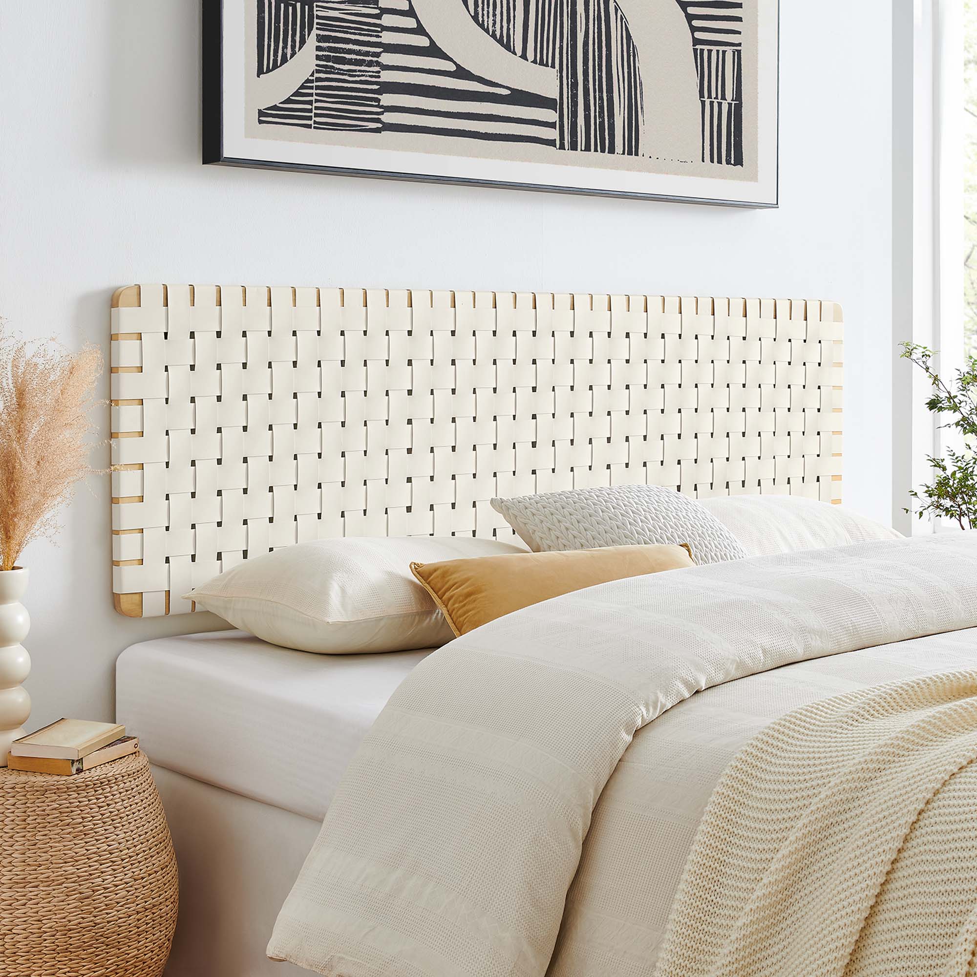 Sparta Weave Wall-Mount Vegan Leather King Headboard, Natural Beige