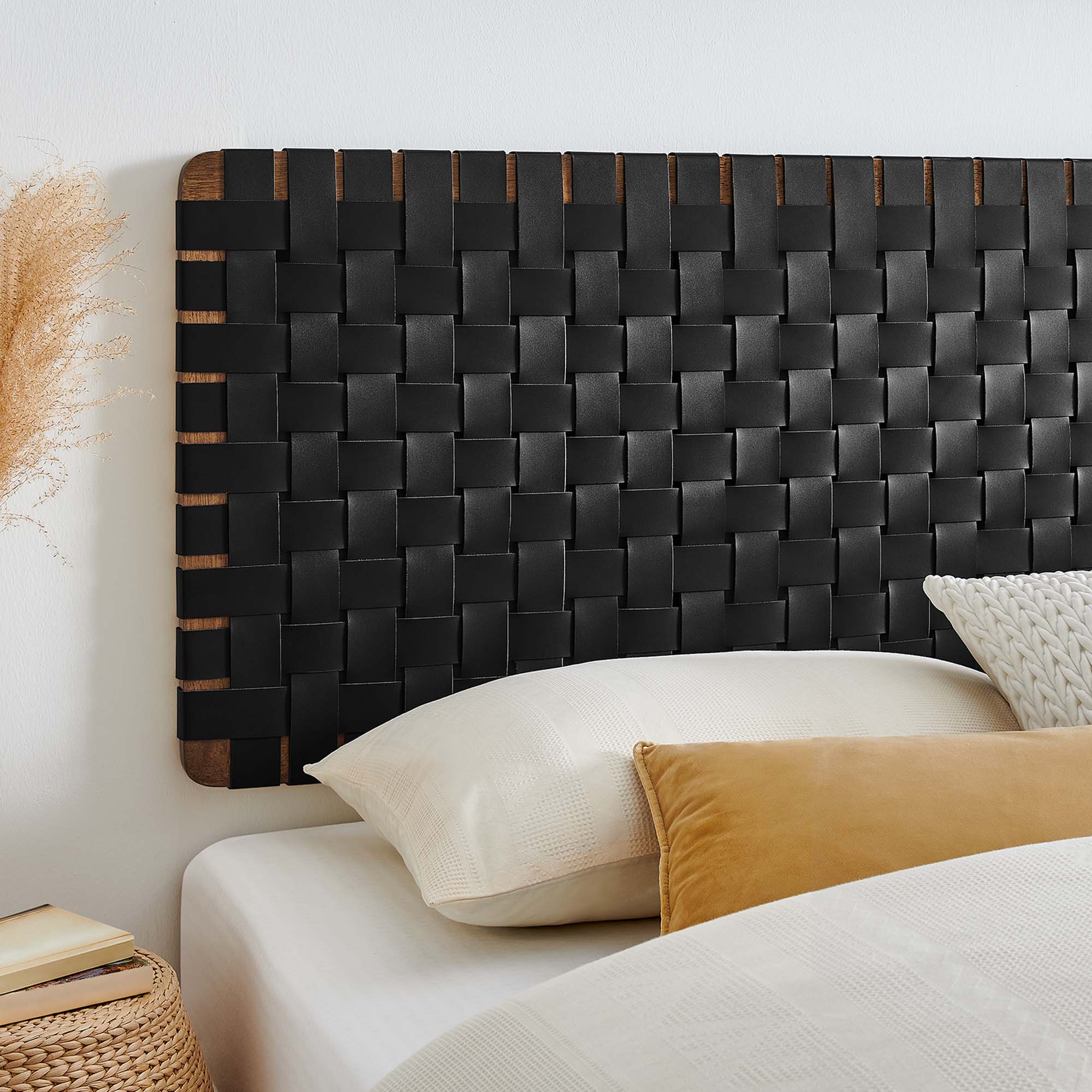 Sparta Weave Wall-Mount Vegan Leather King Headboard, Walnut Black