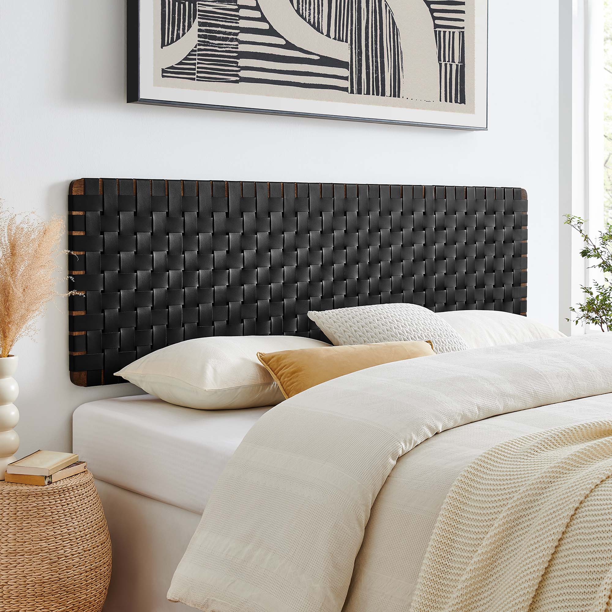 Sparta Weave Wall-Mount Vegan Leather King Headboard, Walnut Black